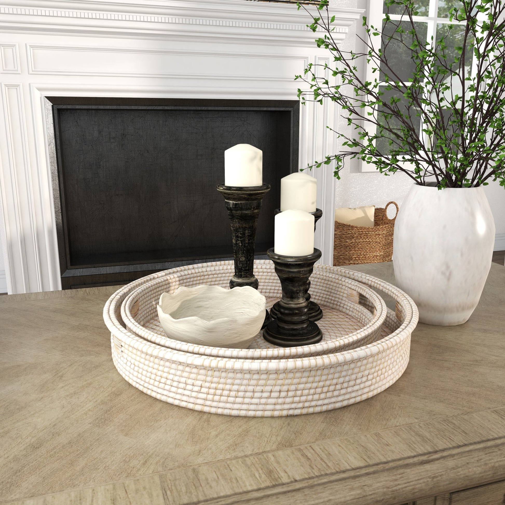 Set of 2 Cream Rattan Living Room Decor Tray with Slot Handles
