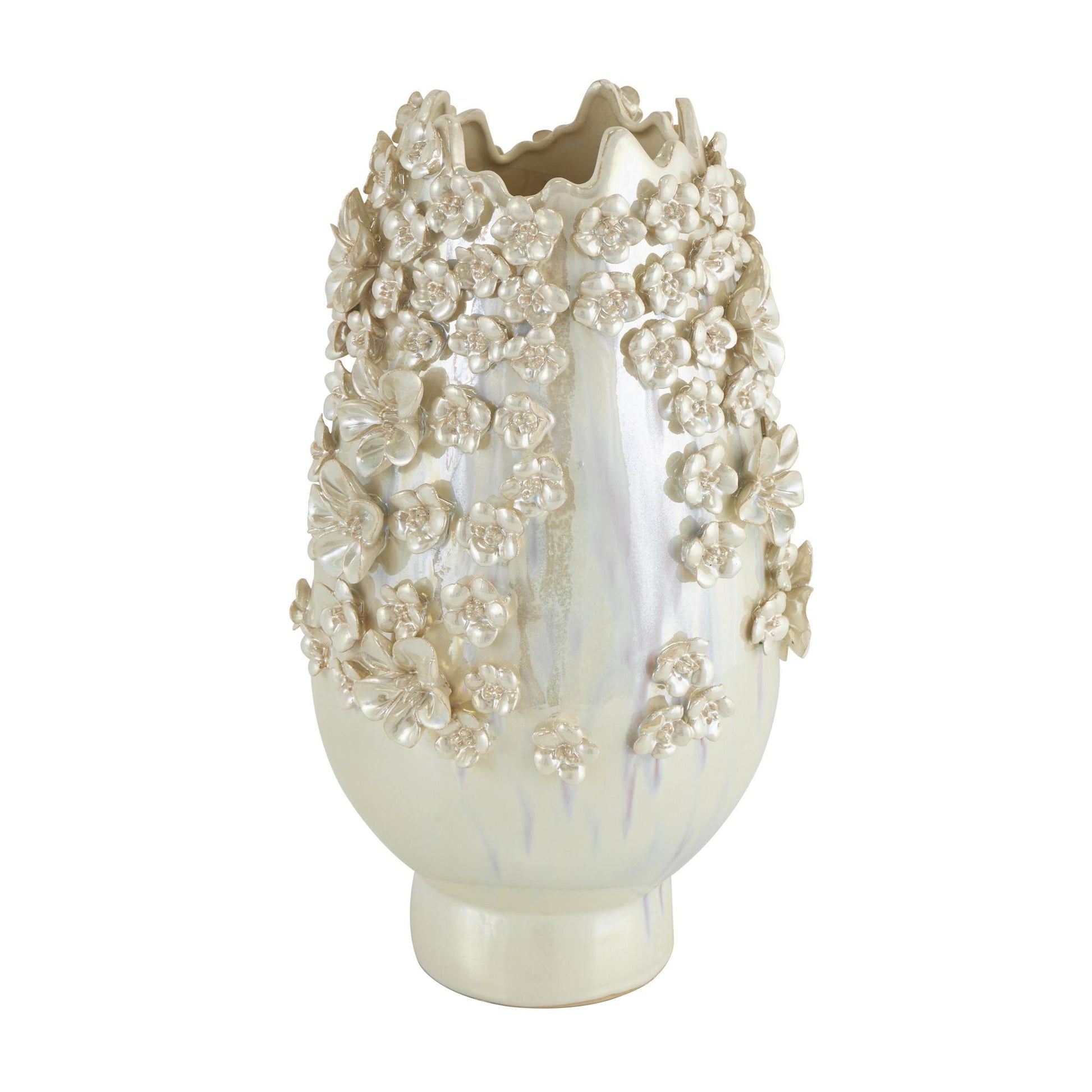 Floral Cream Ceramic 3D Decorative Vase with Iridescent Glaze