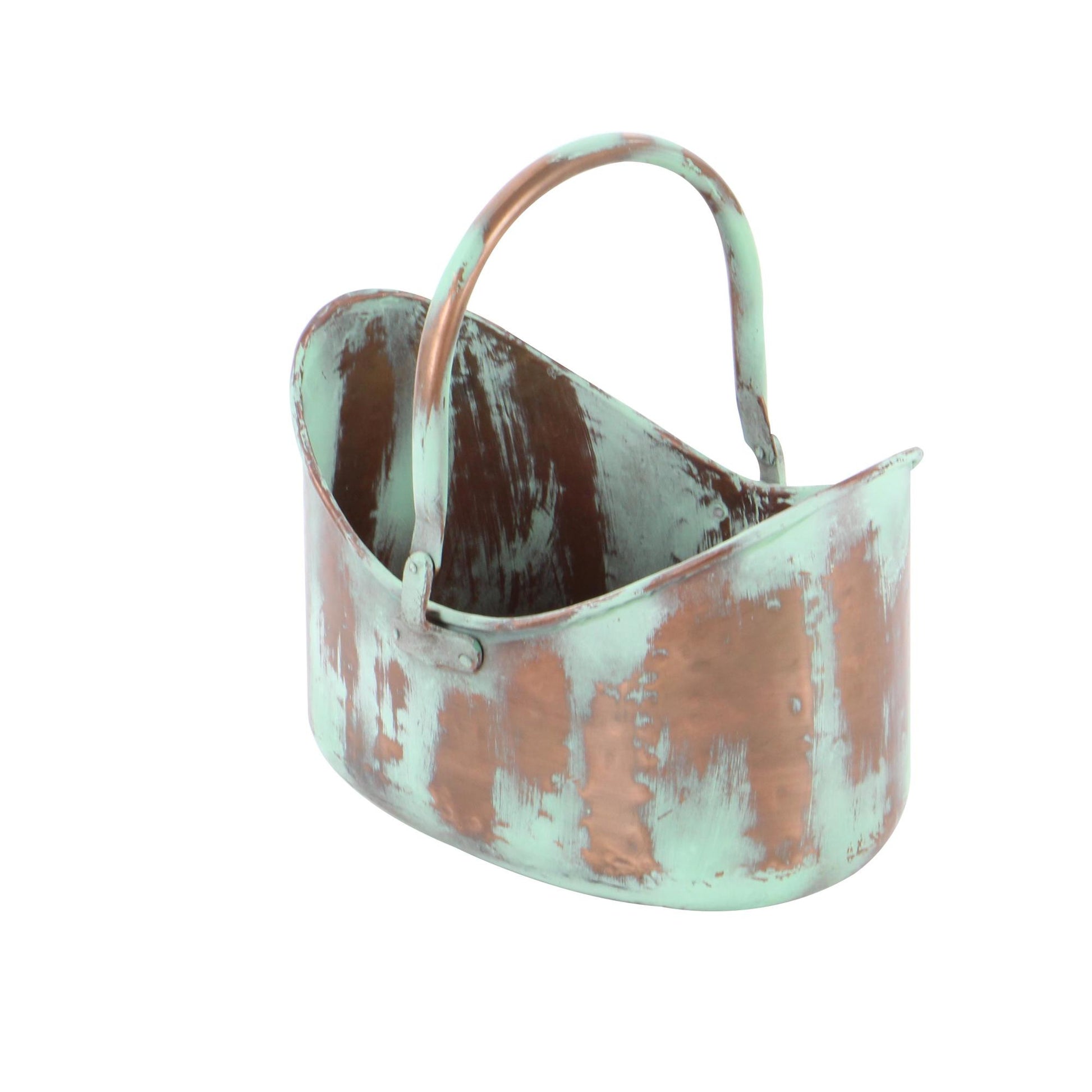 Set of 3 Copper Metal Patina Tulip Style Bucket Indoor Outdoor Planter with Stationary Handles
