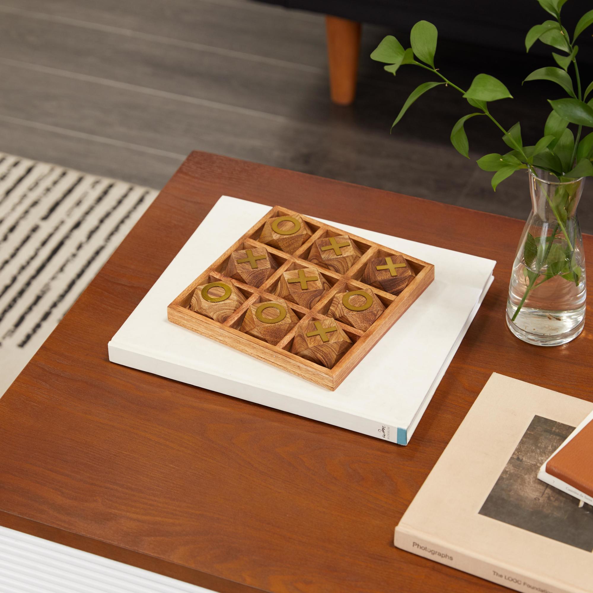 Tic Tac Toe Brown Wood Geometric Home Decor Game Set with Gold Inlay