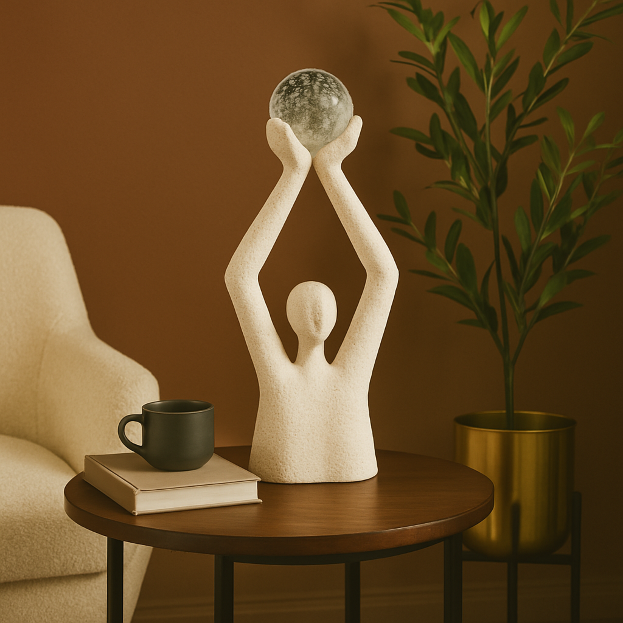 People Cream Polystone Abstract Textured Decorative Sculpture with Clear Glass Ball and Gold Speckles