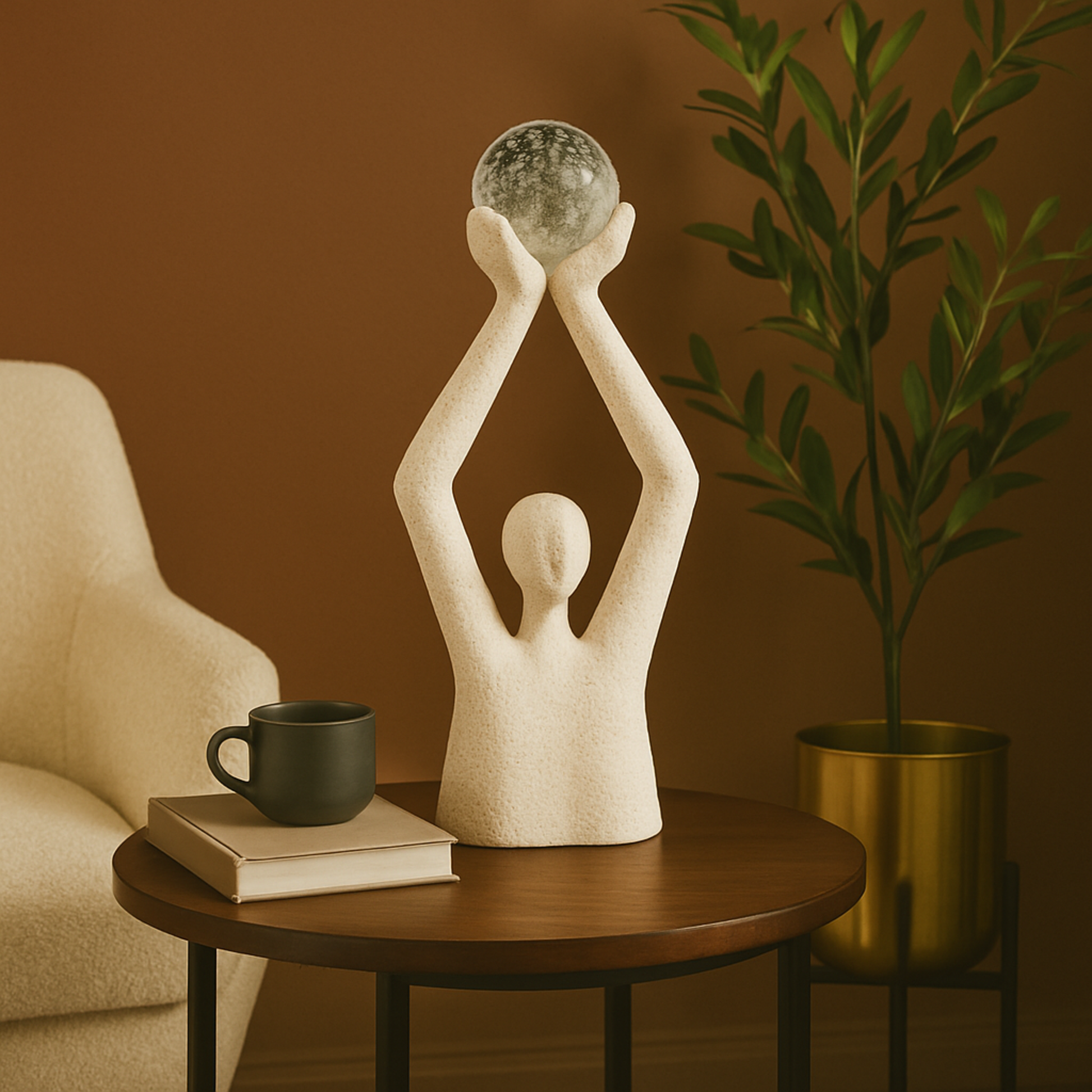 People Cream Polystone Abstract Textured Decorative Sculpture with Clear Glass Ball and Gold Speckles