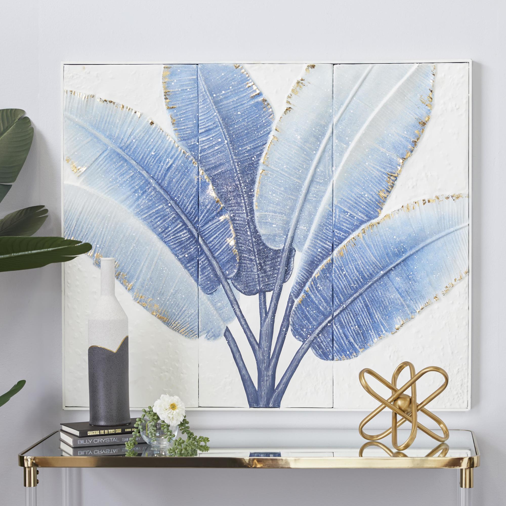 Palm Tree Blue Metal Leaf Home Wall Decor with Gold Foil Accents and White Speckled Details