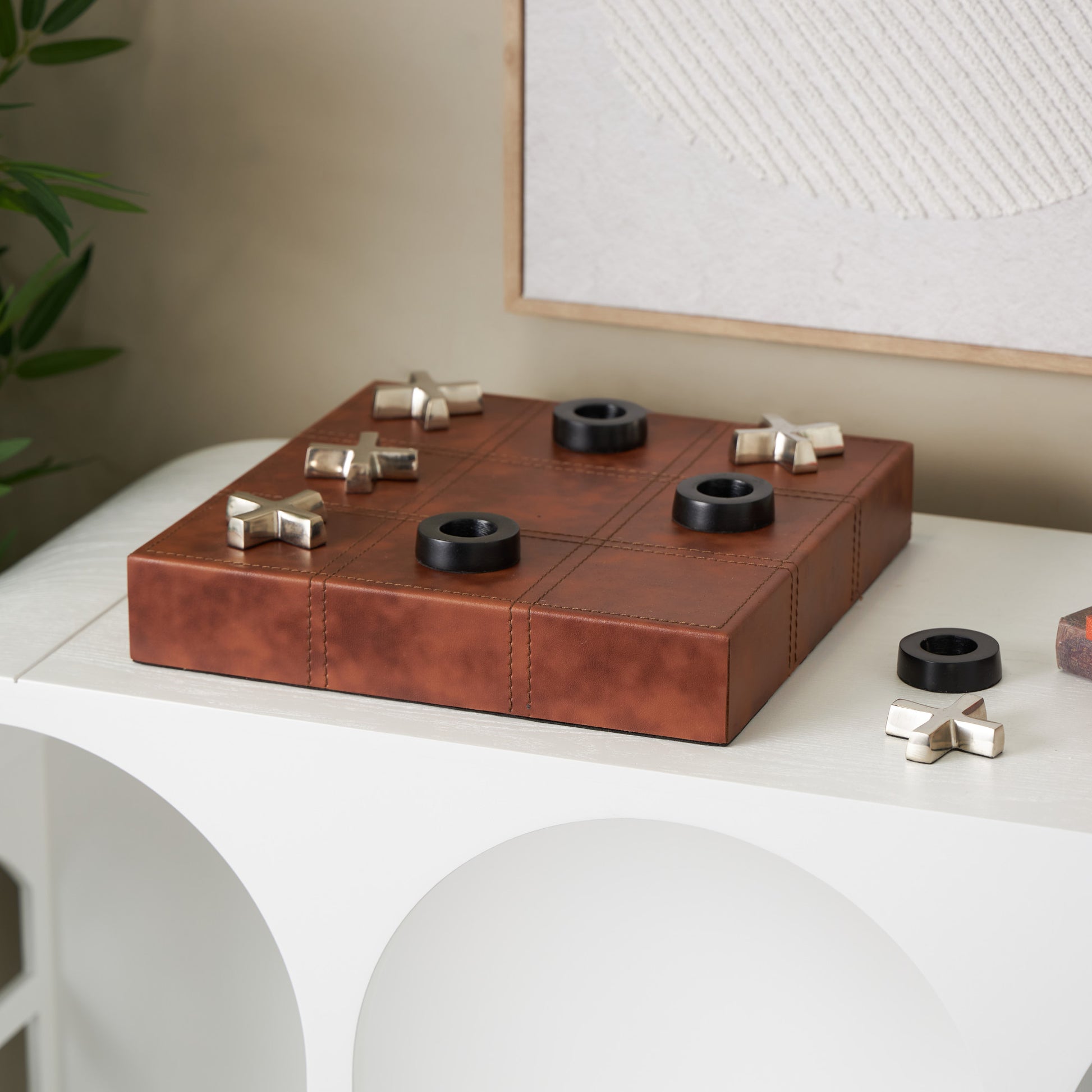 Tic Tac Toe Brown Faux Leather Home Decor Game Set with Black and Silver Pieces