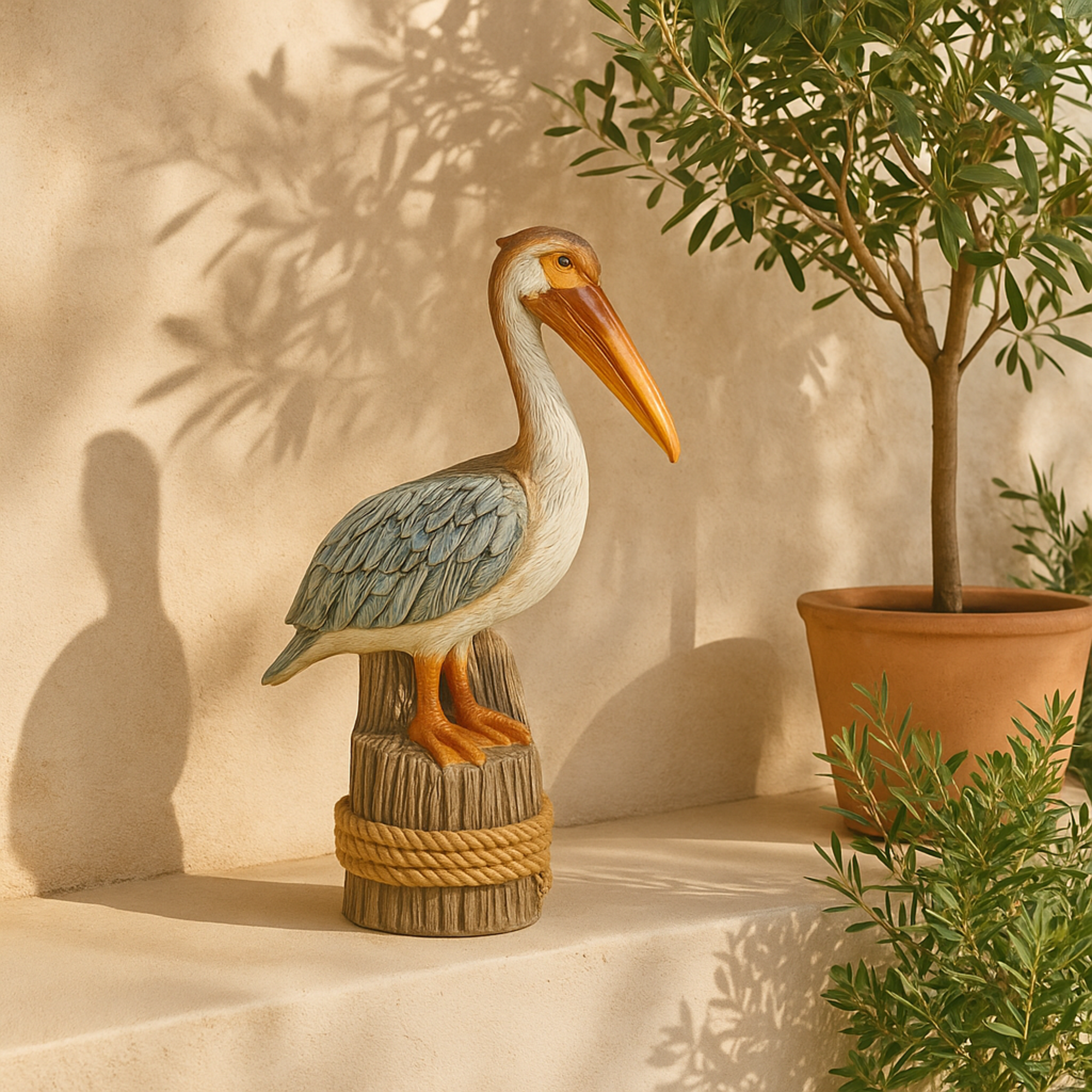 Pelican Teal Resin Textured Decorative Sculpture with Brown Block and Shiny Accents