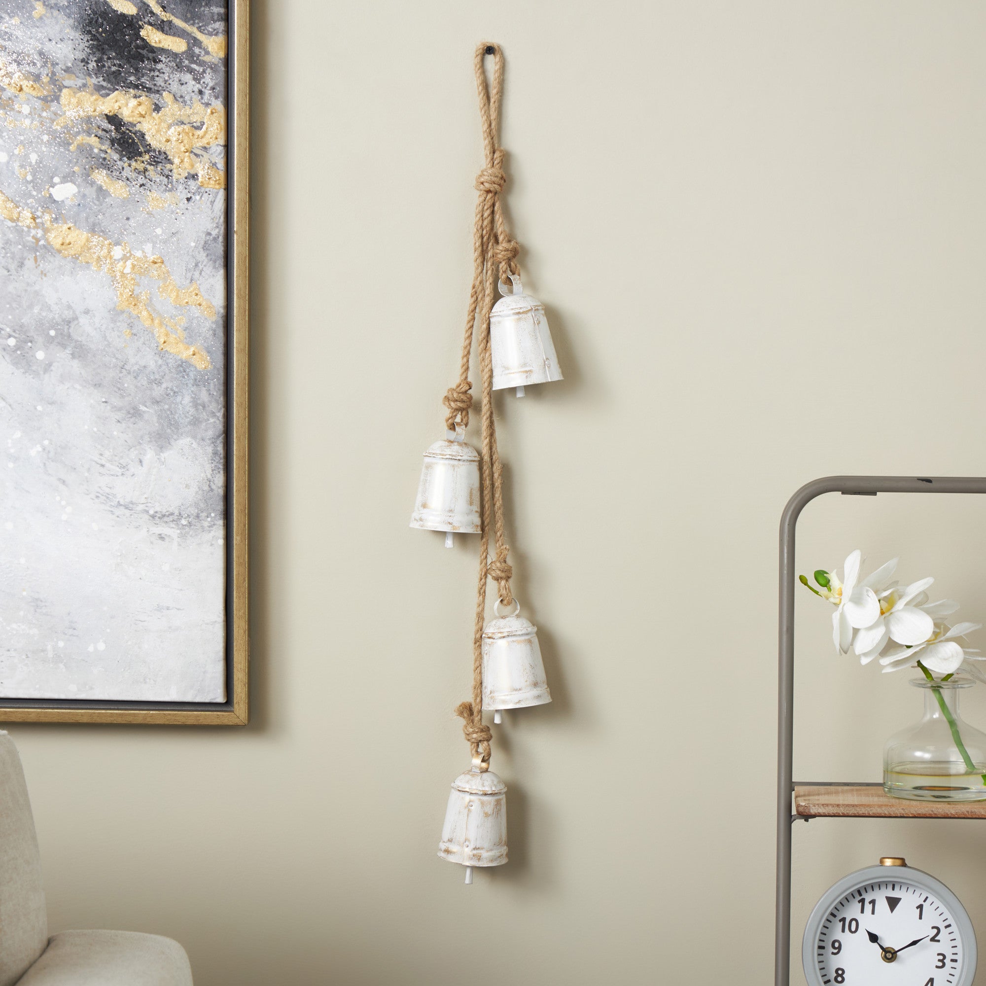 Metal Handmade Tibetan Inspired Indoor Outdoor Decorative Cow Bells with 4 Bells on Jute Hanging Rope