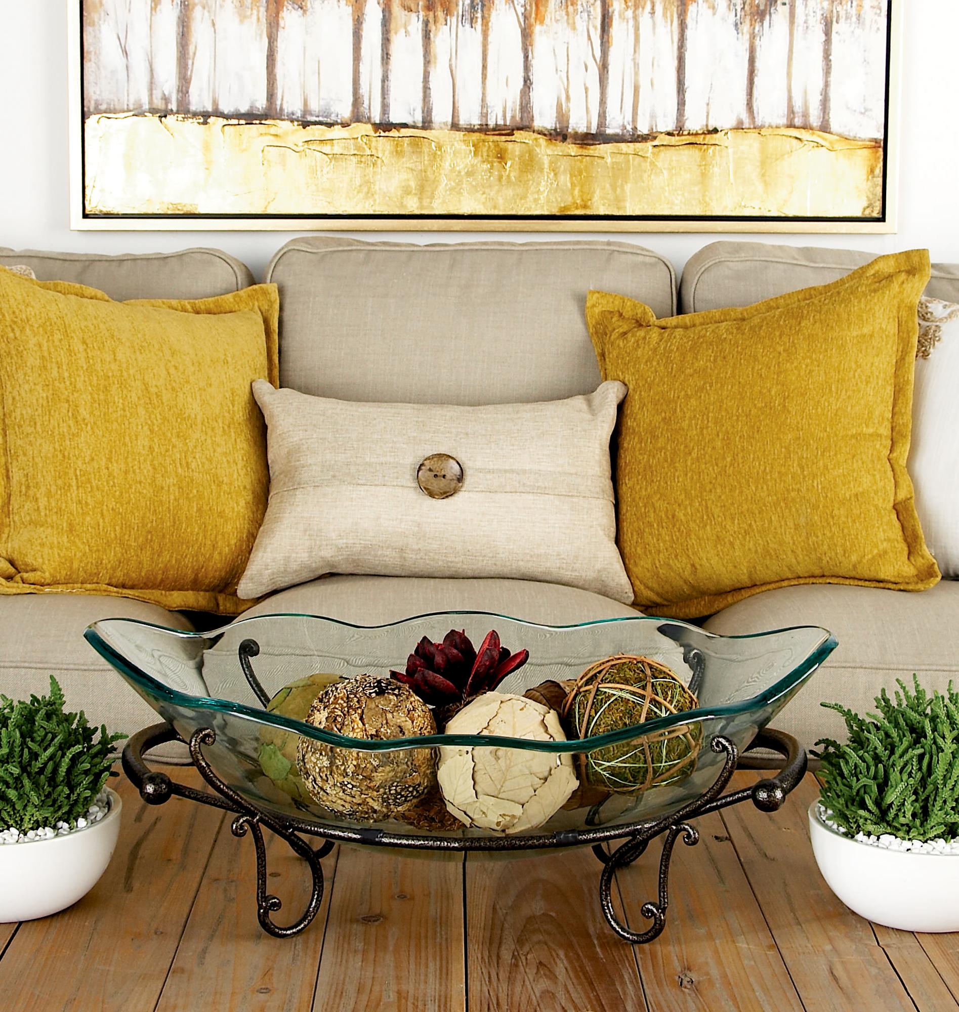 Kitchen Clear Tempered Glass Scalloped Edge Decorative Serving Bowl with Bronze Metal Scroll Stand