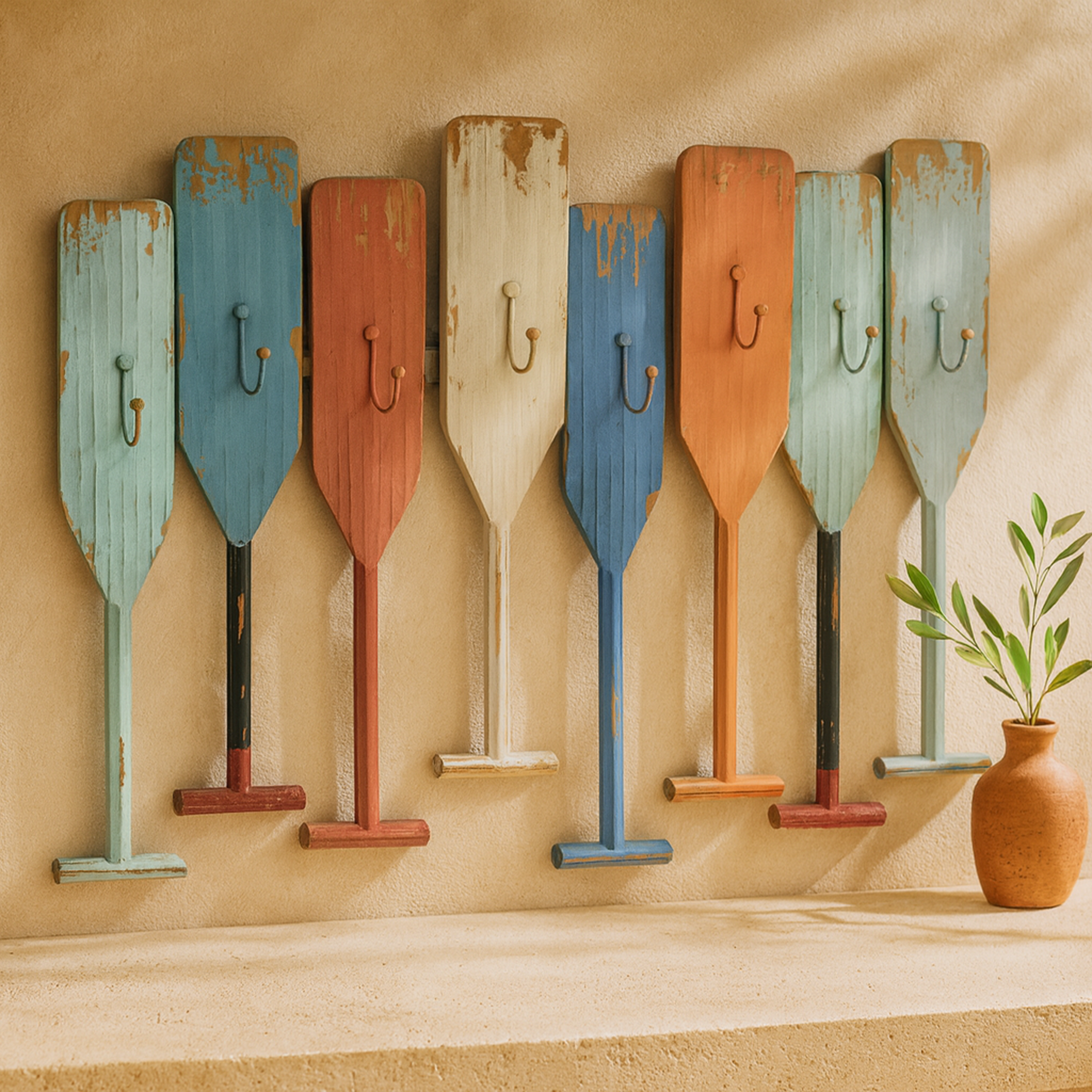 Paddle Multi Colored Metal Indoor Outdoor Distressed Oar Shaped 8 Hanger Home Wall Hook