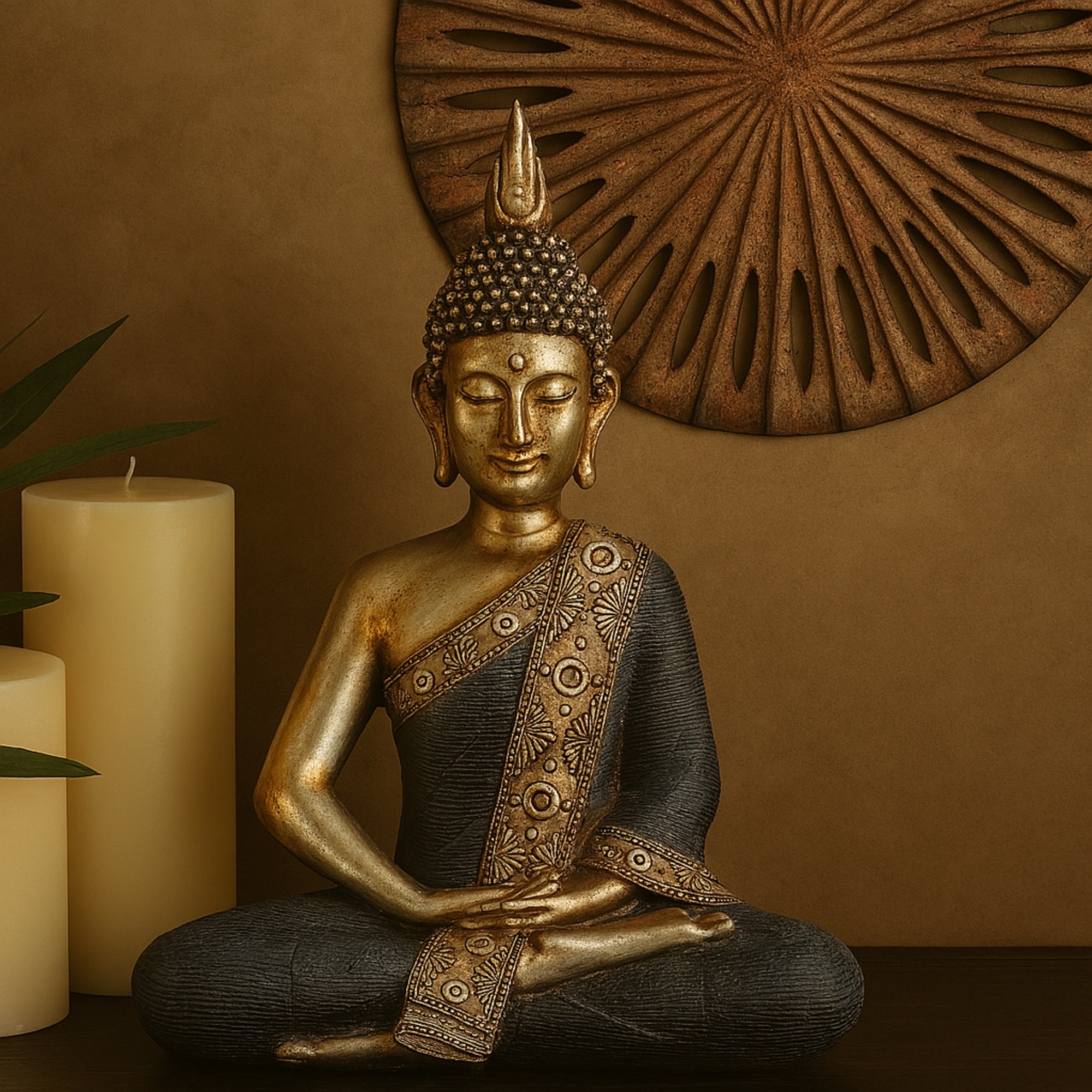 Buddha Brass Polystone Meditating Decorative Sculpture with Engraved Carvings and Relief Detailing