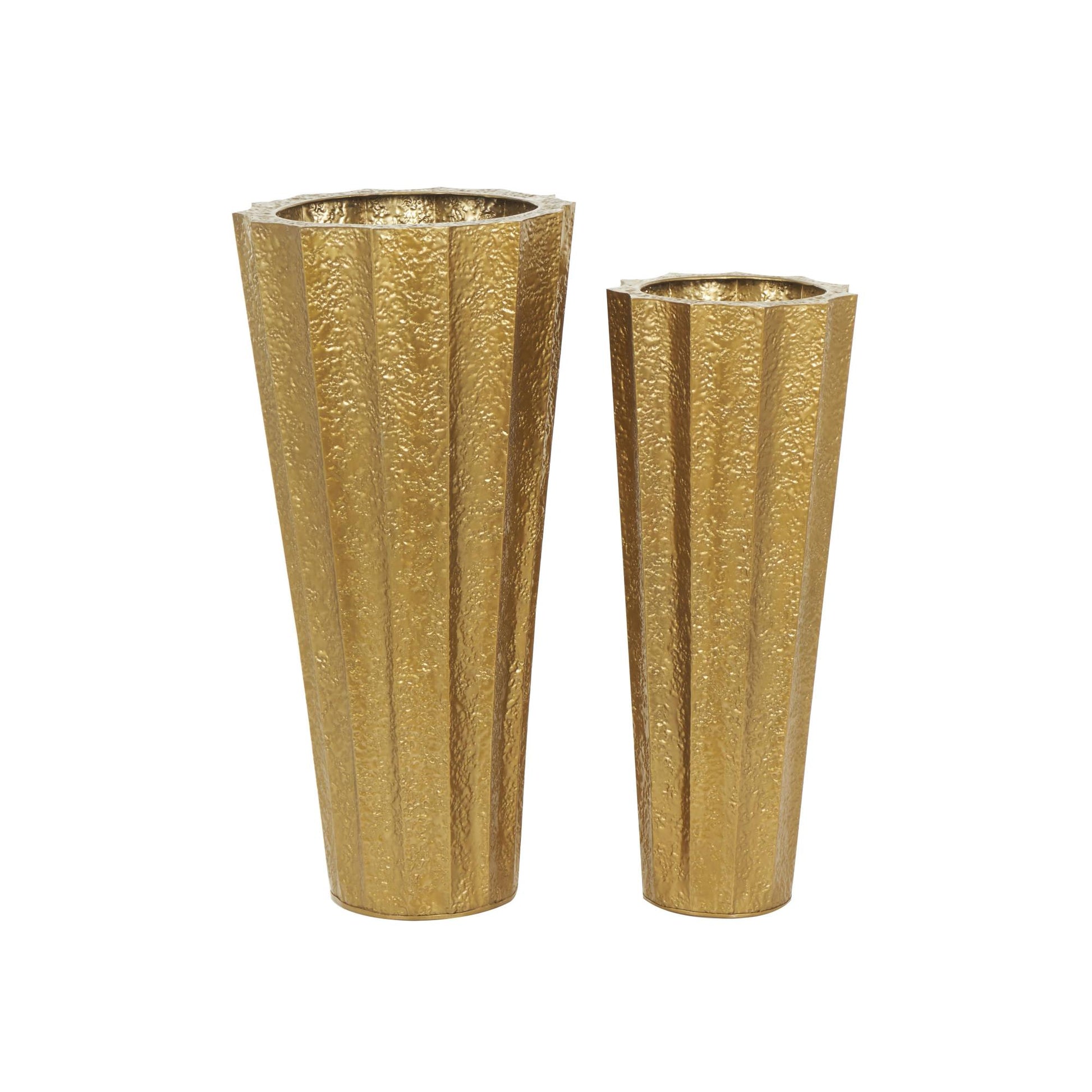 Set of 2 Gold Metal Tall Textured Hammered Floor Decorative Vase