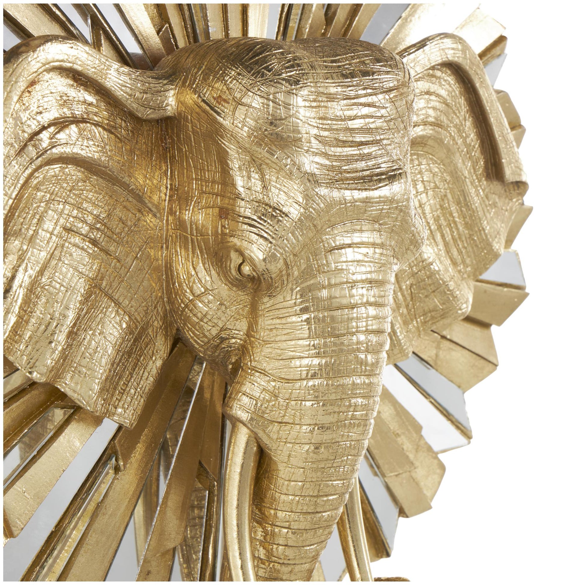 Elephant Gold Resin Decorative Sculpture with Mirrored Sunburst Accent and Black Stand