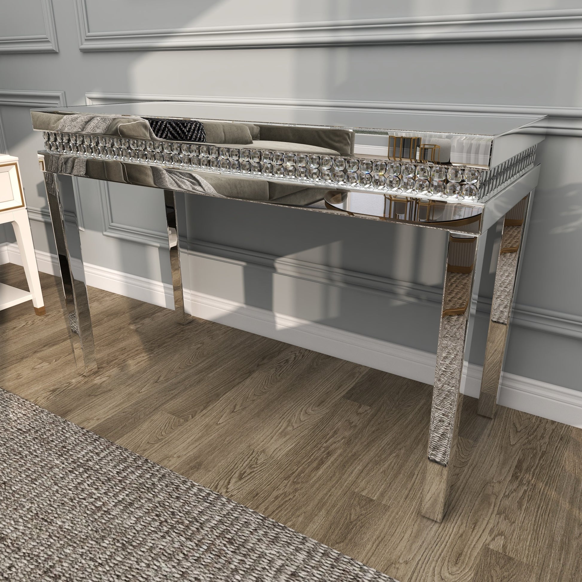 Silver Glass Mirrored Living Room Console Table with Crystal Studded Embellishments