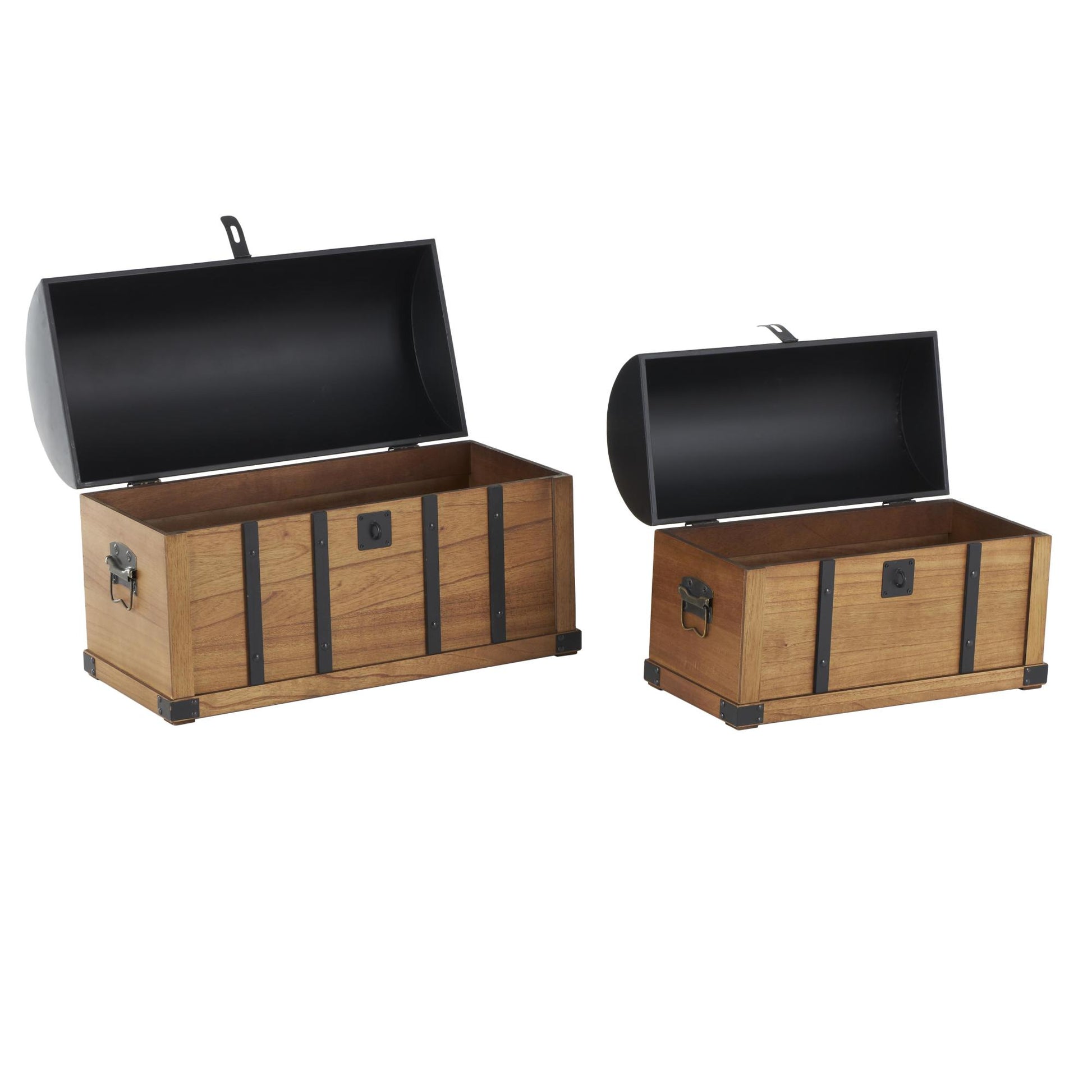 Set of 2 Brown Wooden Studded Storage Decorative Trunk with Black Metal Arched Tops and Vertical Strips