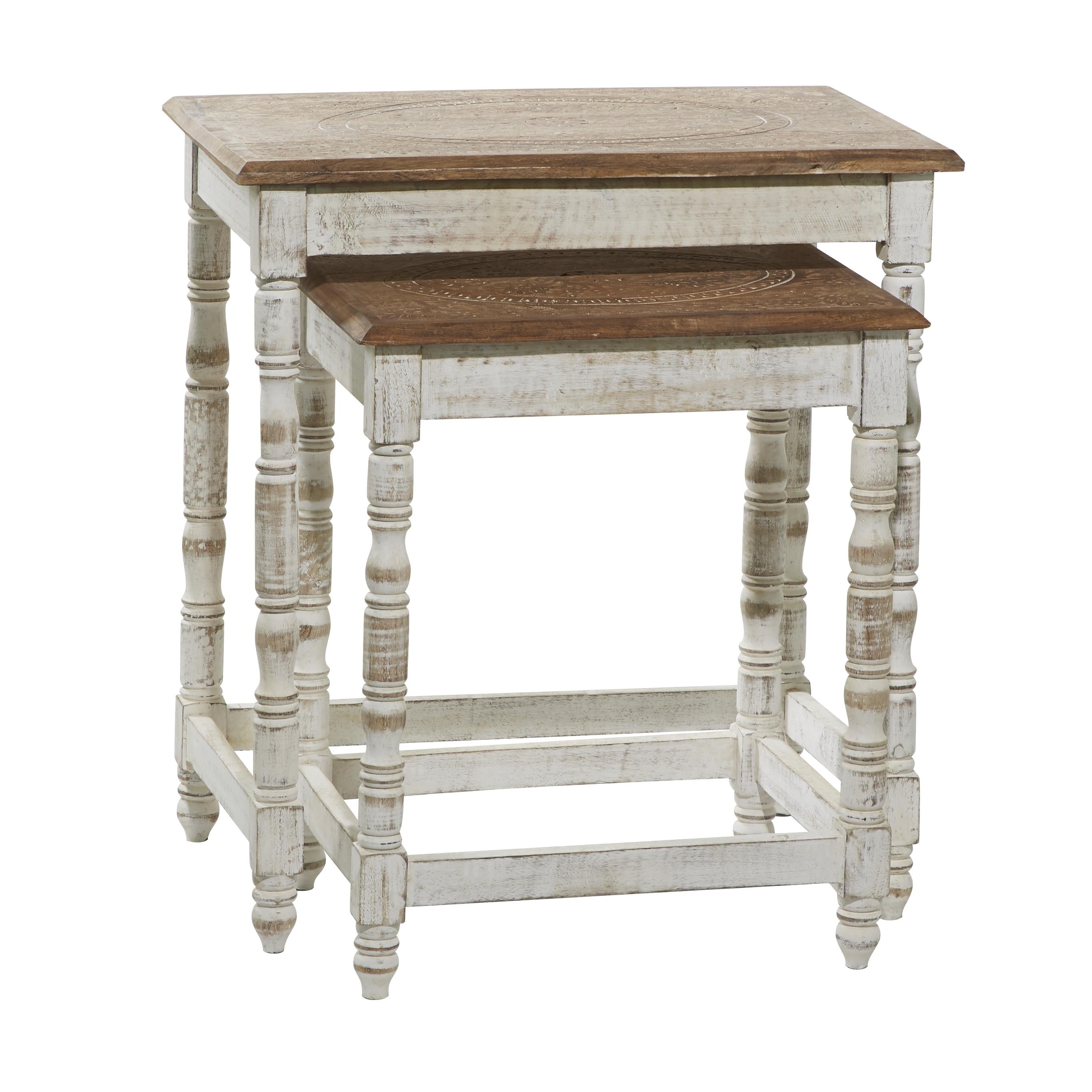 Set of 2 Floral Mango Wood Handmade Intricately Carved Side End Accent Table with Carved Tabletops