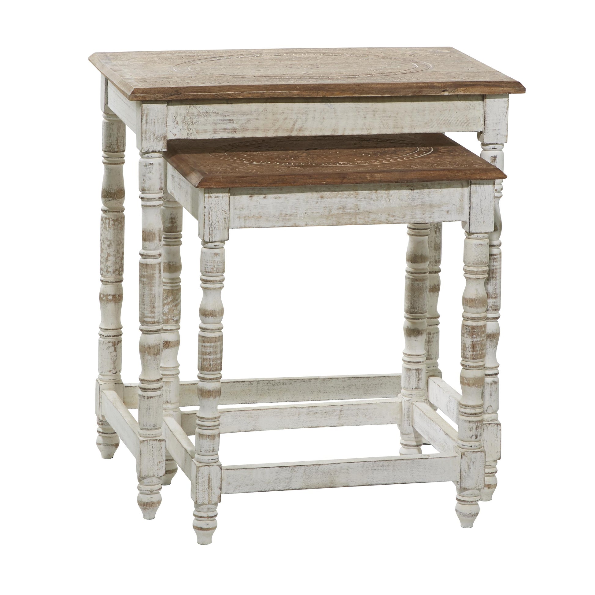 Set of 2 Floral Mango Wood Handmade Intricately Carved Side End Accent Table with Carved Tabletops