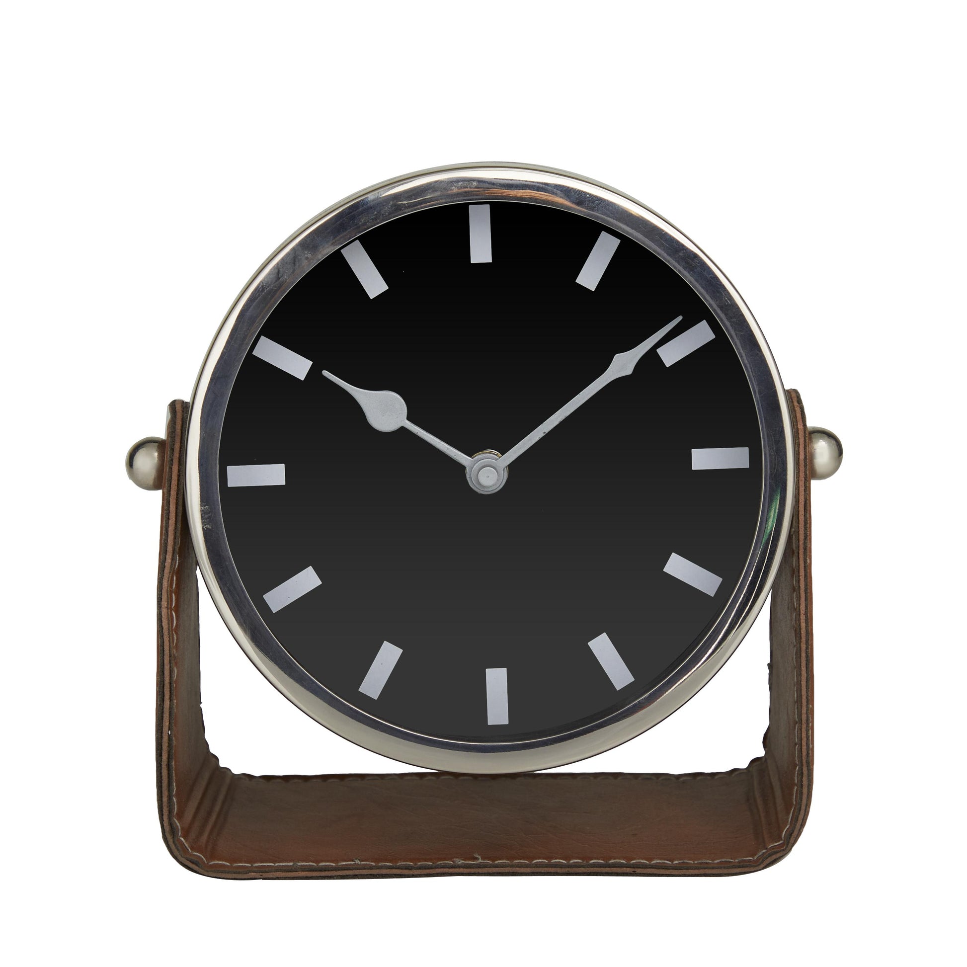 Stainless Steel Metal Decorative Clock with Leather Stand 7" x 3" x 7"