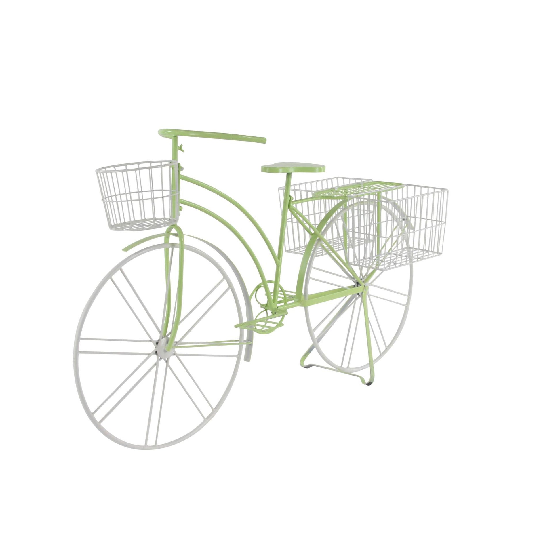 Bike Green Metal Indoor Outdoor Plantstand with Basket and Saddle Bag Planters
