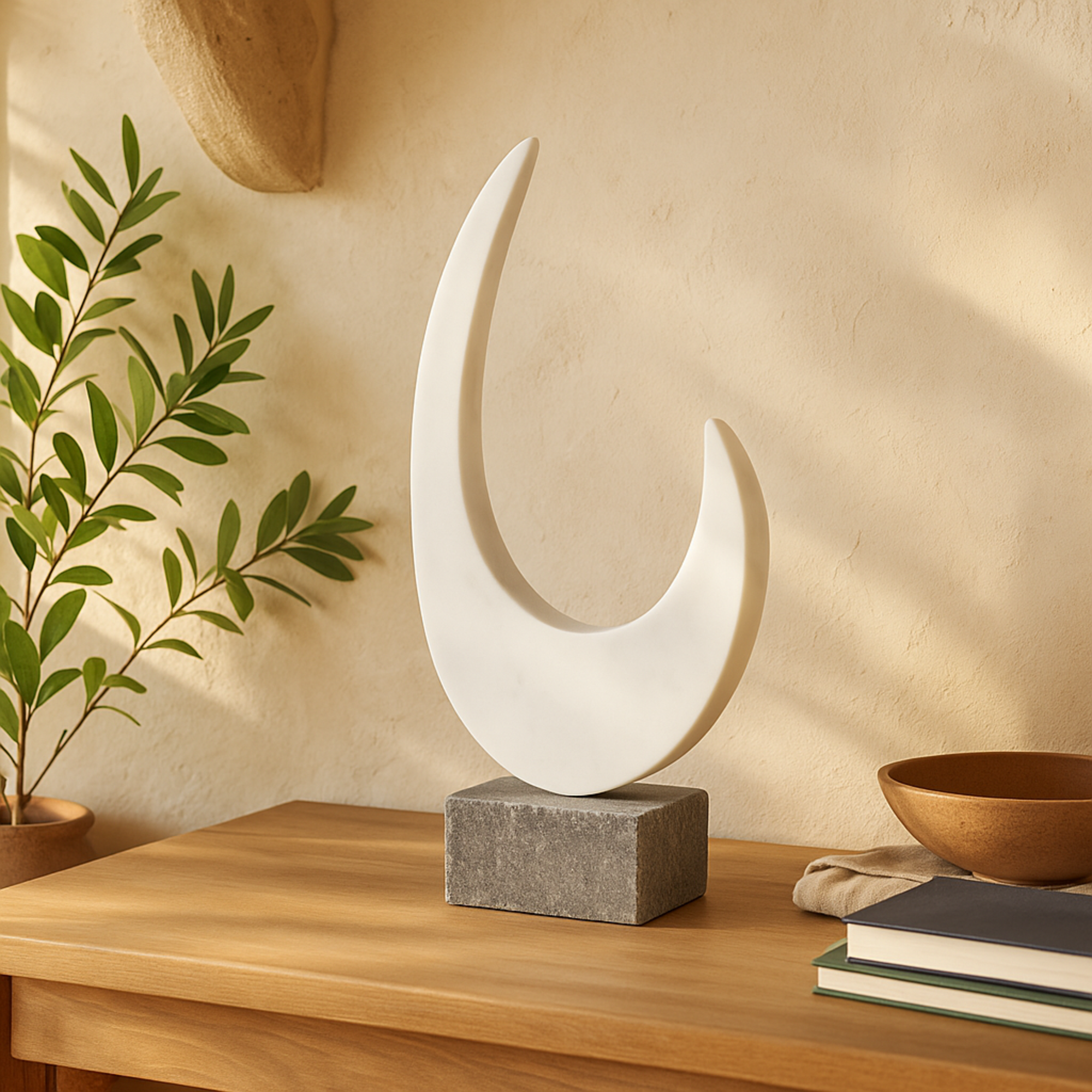 Abstract White Marble Curved Decorative Sculpture with Black Block Base
