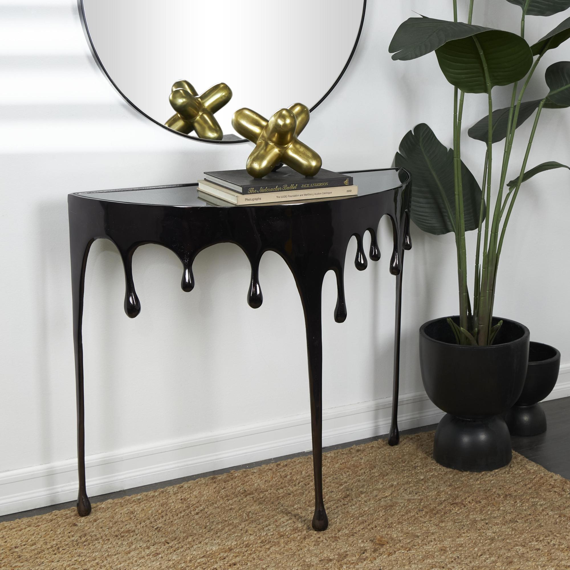 Abstract Aluminum Metal Crescent Drip Living Room Console Table with Melting Design Legs and Glass Top