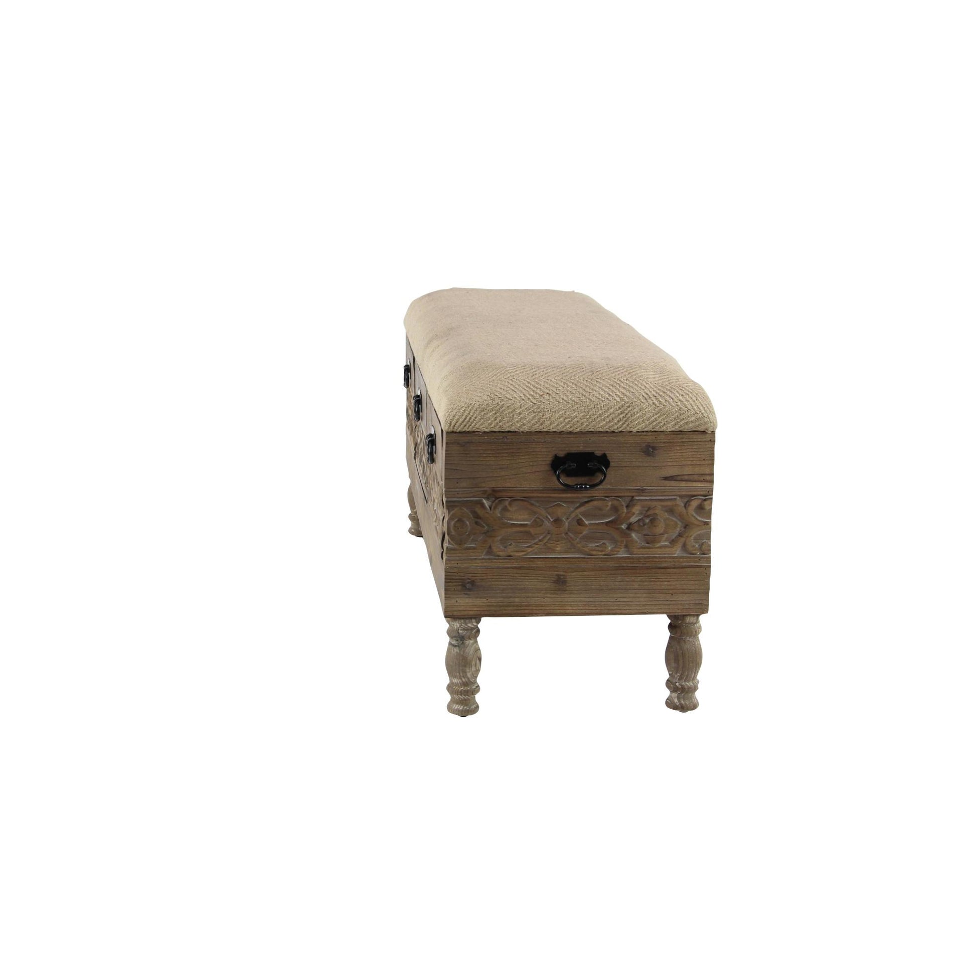 Floral Brown Wood Intricately Carved Room Storage Bench with Cream Burlap Top