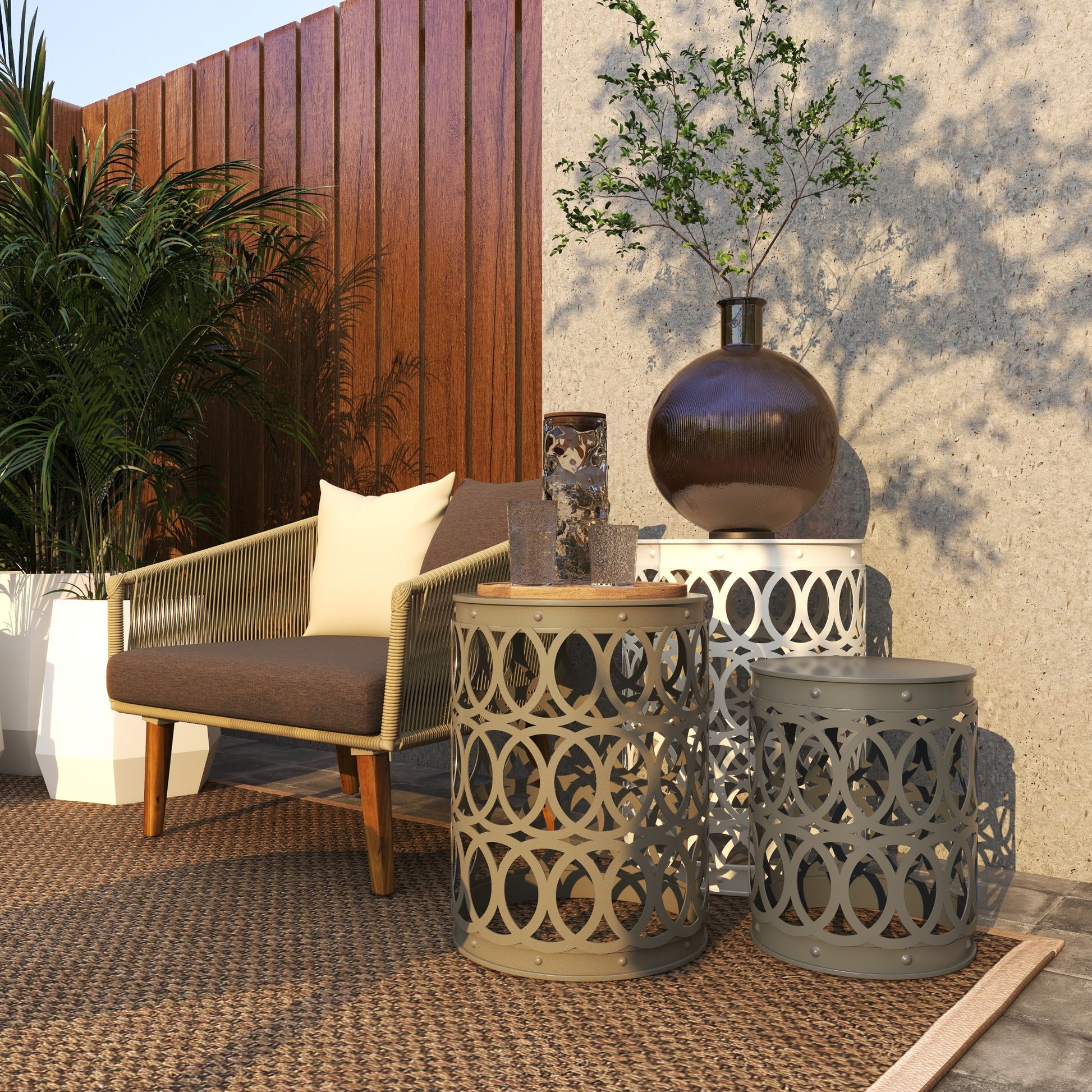 Set of 3 Metal Indoor Outdoor Nesting Side End Accent Table with Carved Trellis Design Set of 3 22", 18", 15"H