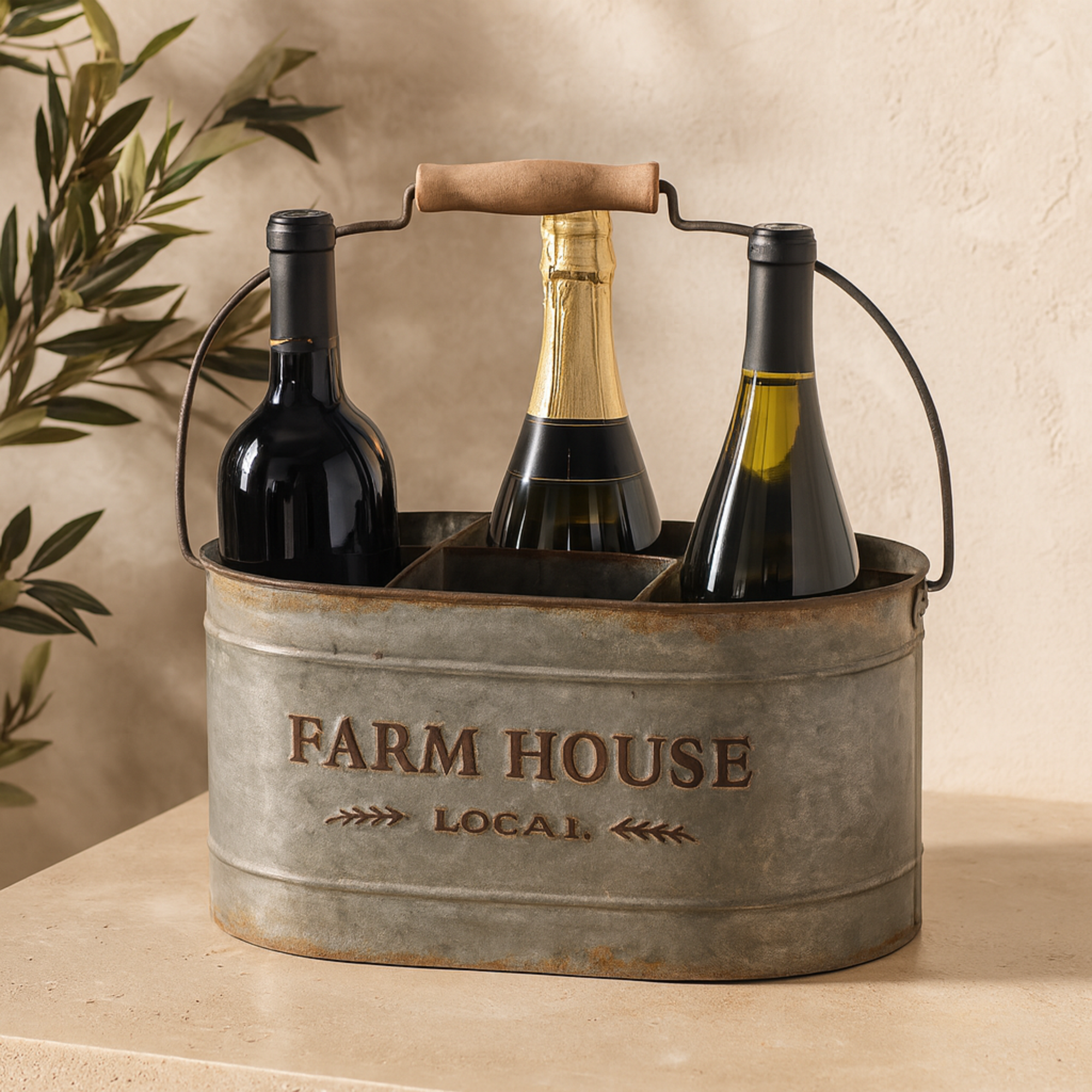 Gray Metal Galvanized Farm House 6 Bottle Kitchen Wine Holder