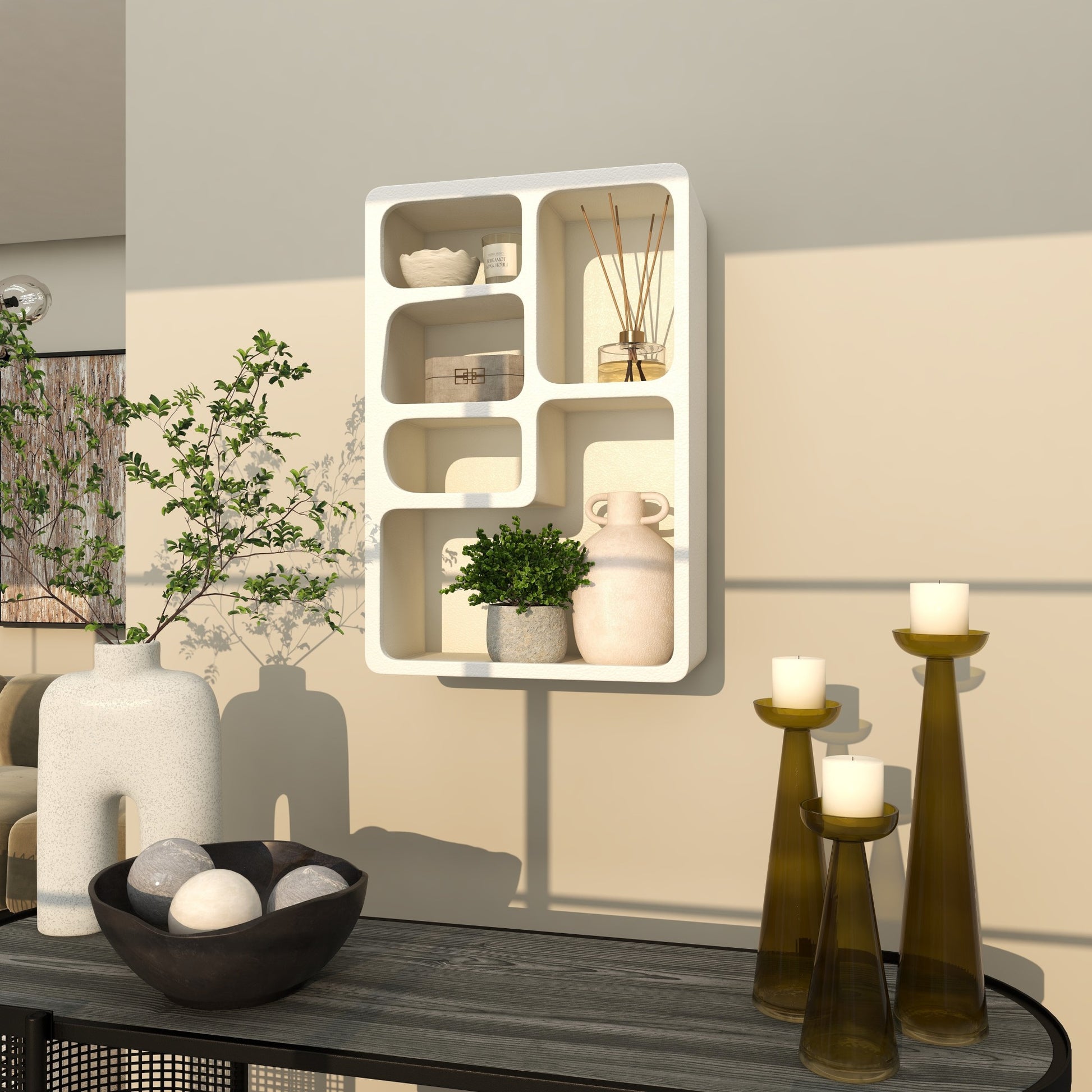 Geometric Wooden Arched 5 Shelf Room Wall Shelf with Block Shapes