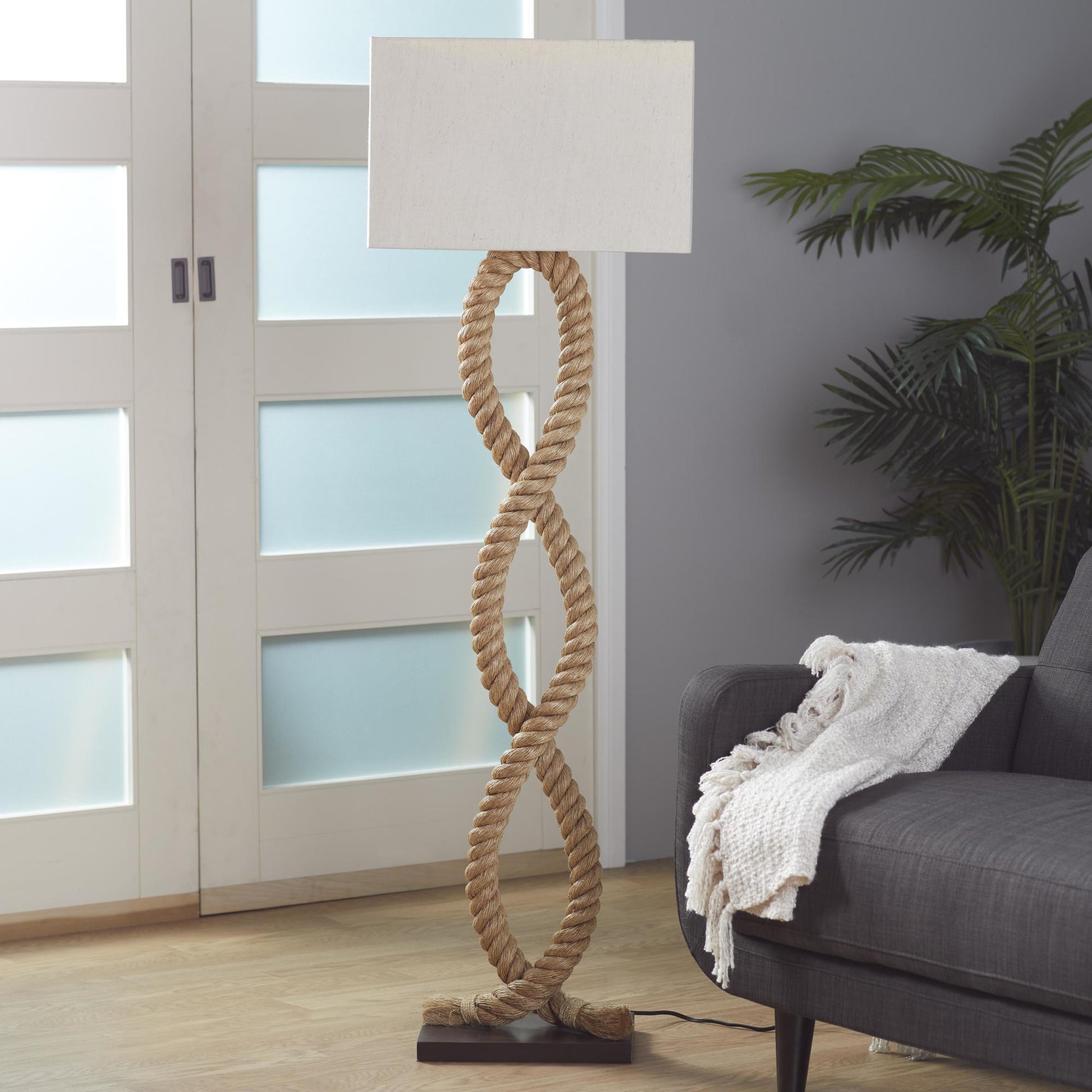 Brown Jute Rope Rope Room Floor Lamp with Linen Shade