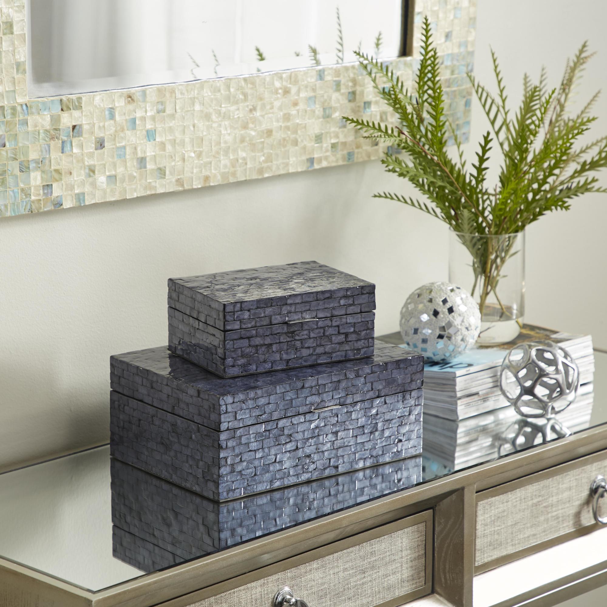 Set of 2 Dark Blue Mother of Pearl Shell Handmade Mosaic Storage Decorative Box