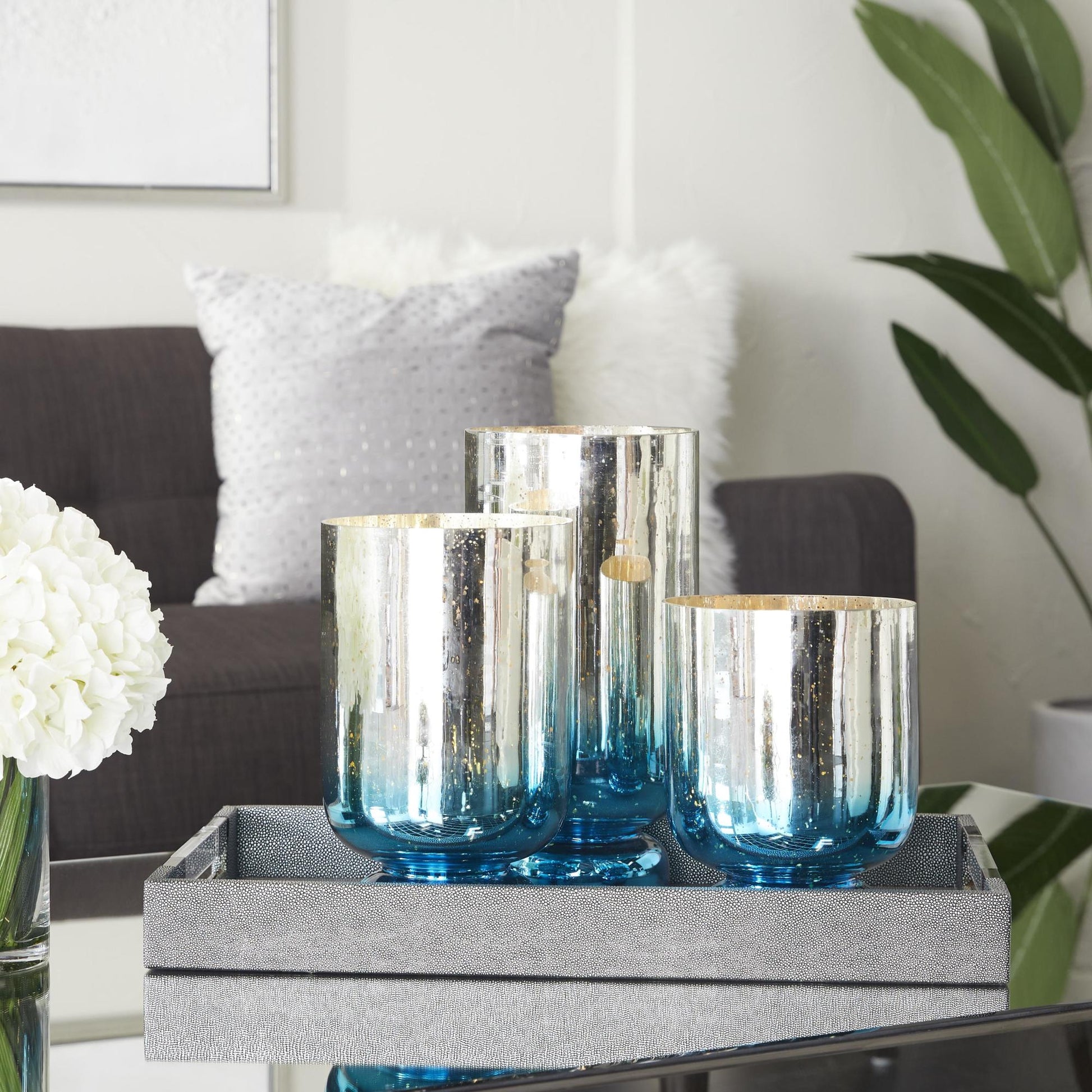 Set of 3 Glass Pillar Room Hurricane Lamp with Gold Interior