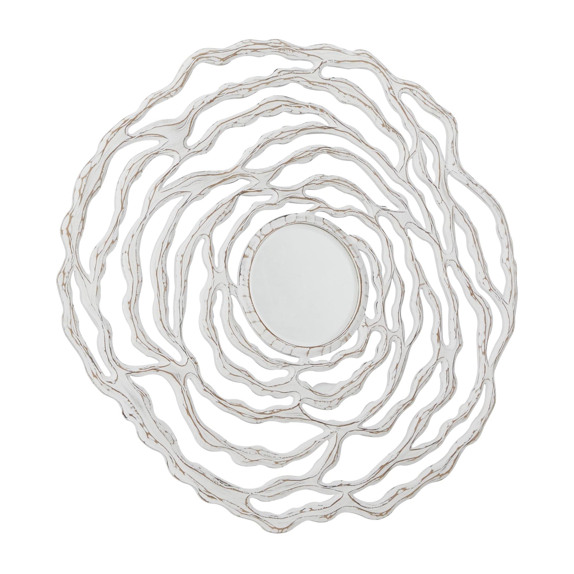 Floral White Wooden Carved Room Wall Mirror with Cutout Design