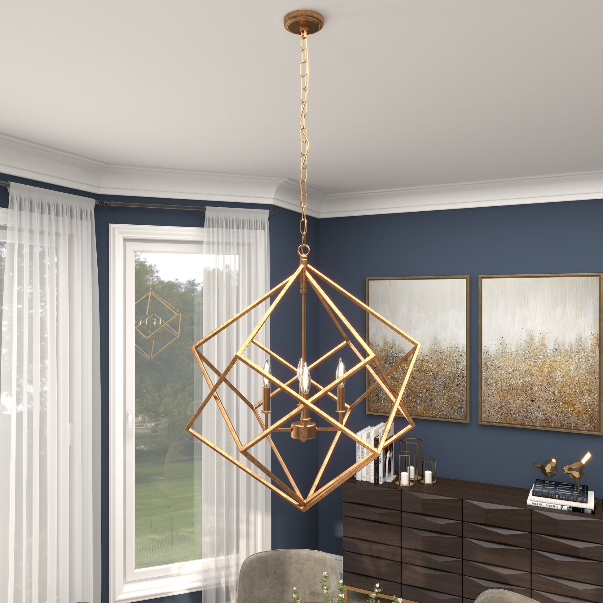 Geometric Gold Metal Caged 4 Light Room Chandelier with Link Style Chain
