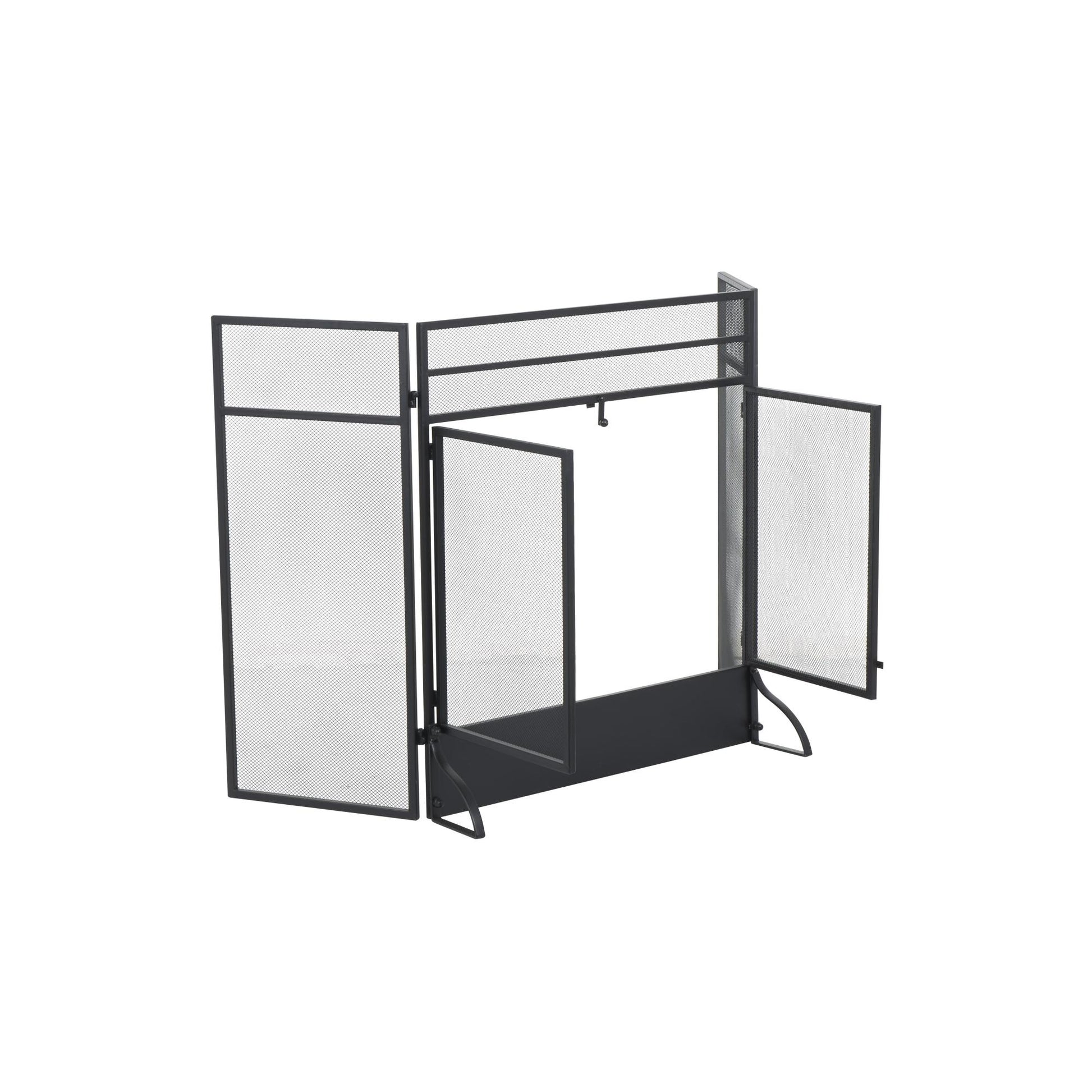 Geometric Black Metal 3 Panel and 2 Door Living Room Fireplace Screen with Mesh Backing