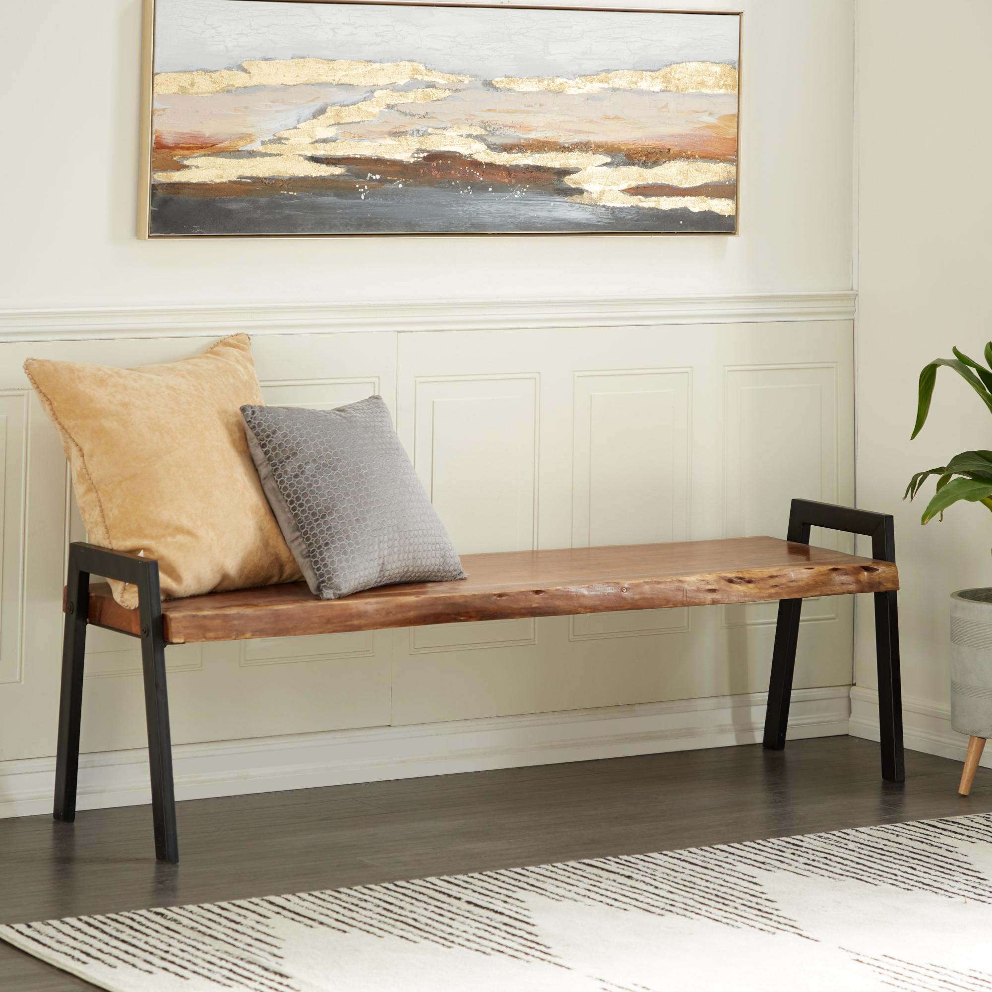 Brown Wood Live Edge Top Home Bench with Elevated Base