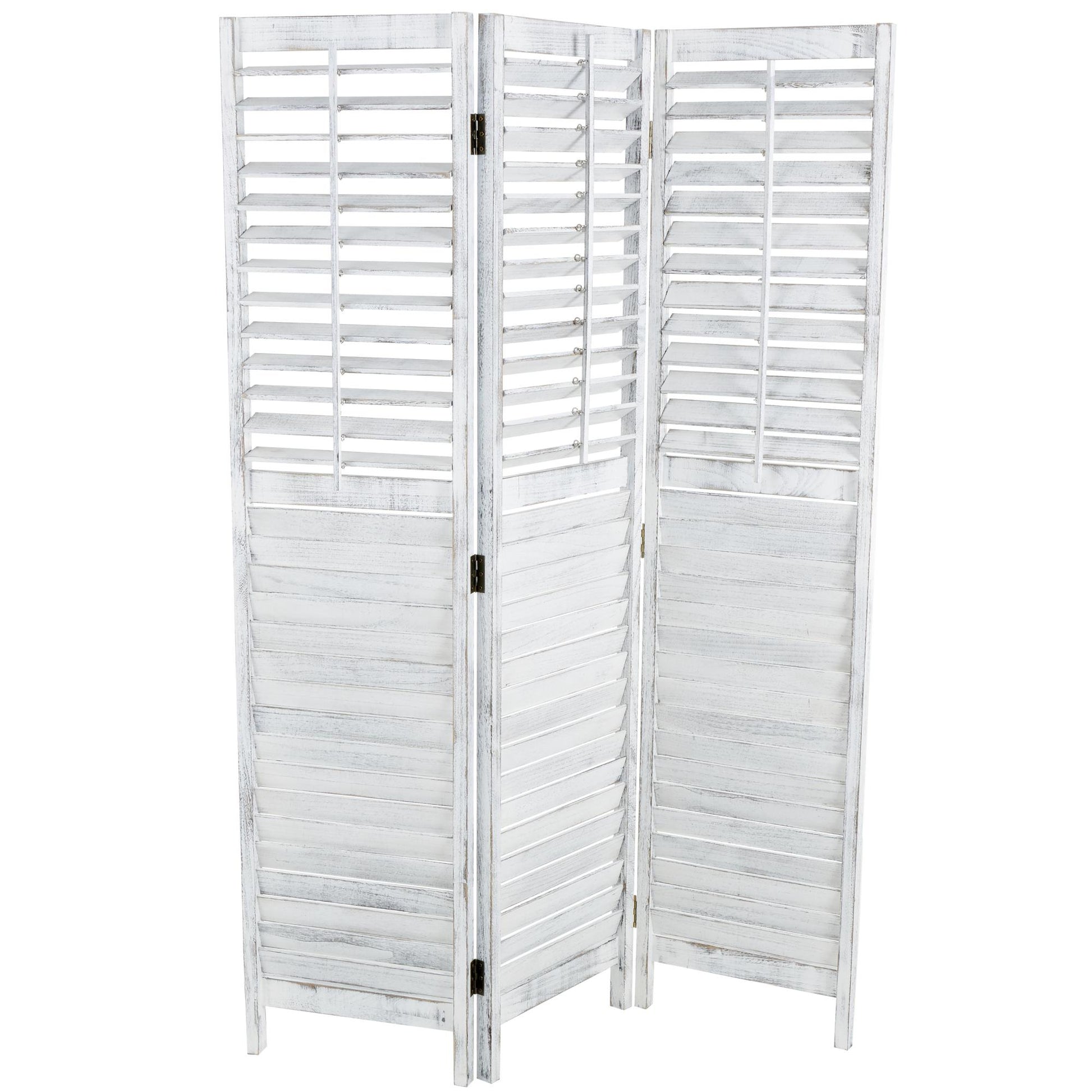 White Wood Washed Shutter Top 3 Panel Partition Room Divider Screen with Gray Distressing