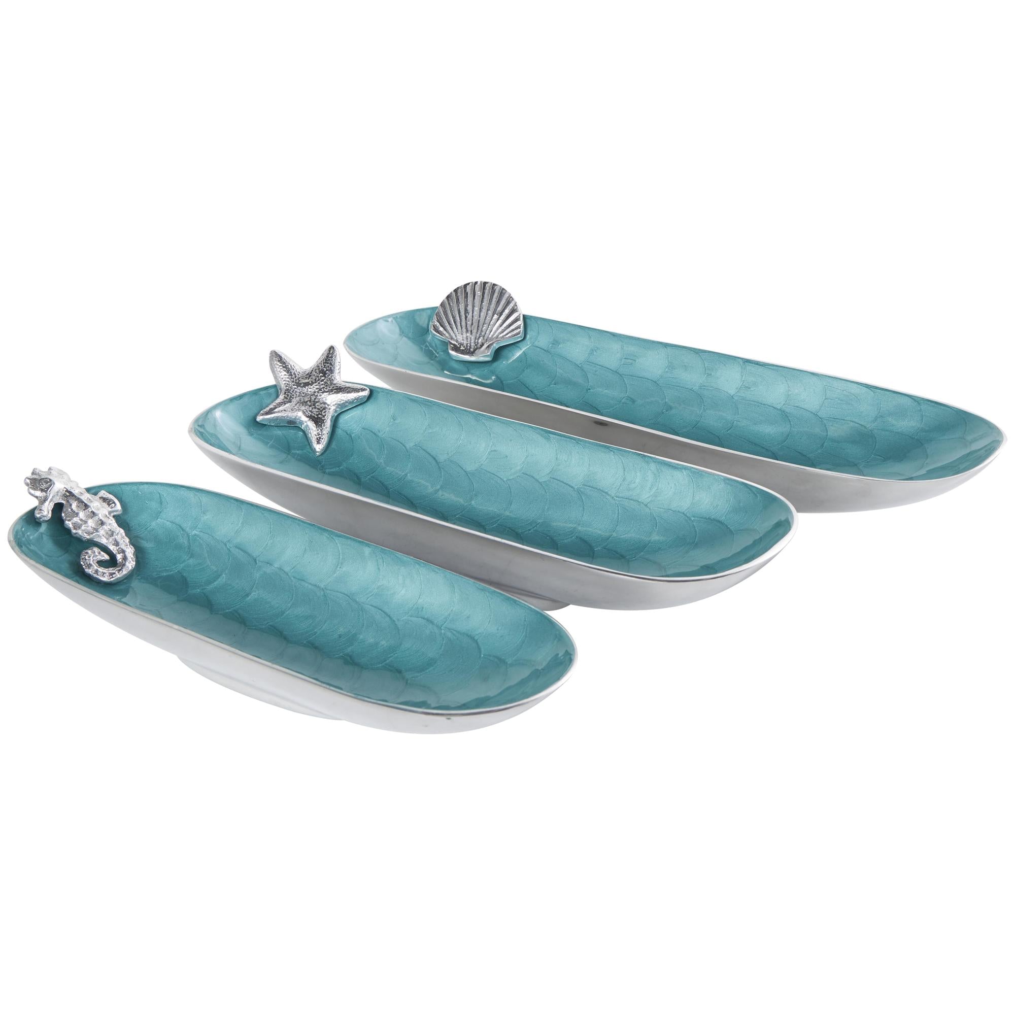 Set of 3 Sea Life Aluminum Metal Handmade Enameled Oval Decorative Bowl with Shell, Starfish, and Seahorse Accents Set of 3 17", 14", 13"W