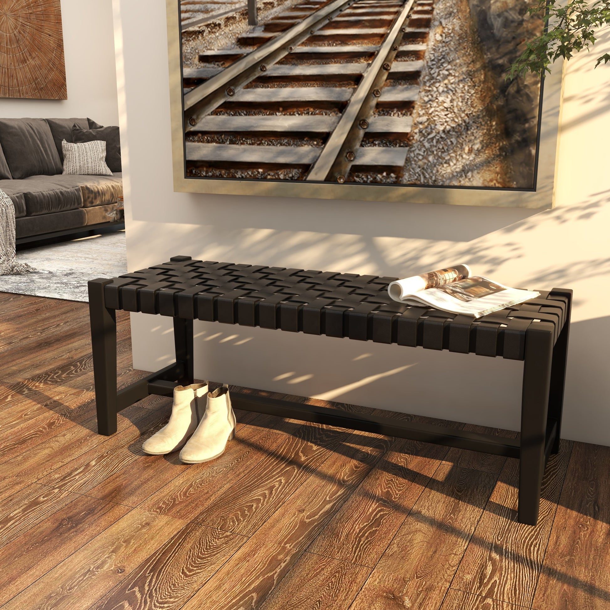 Black Leather Handmade Woven Home Bench with Teak Wood Frame