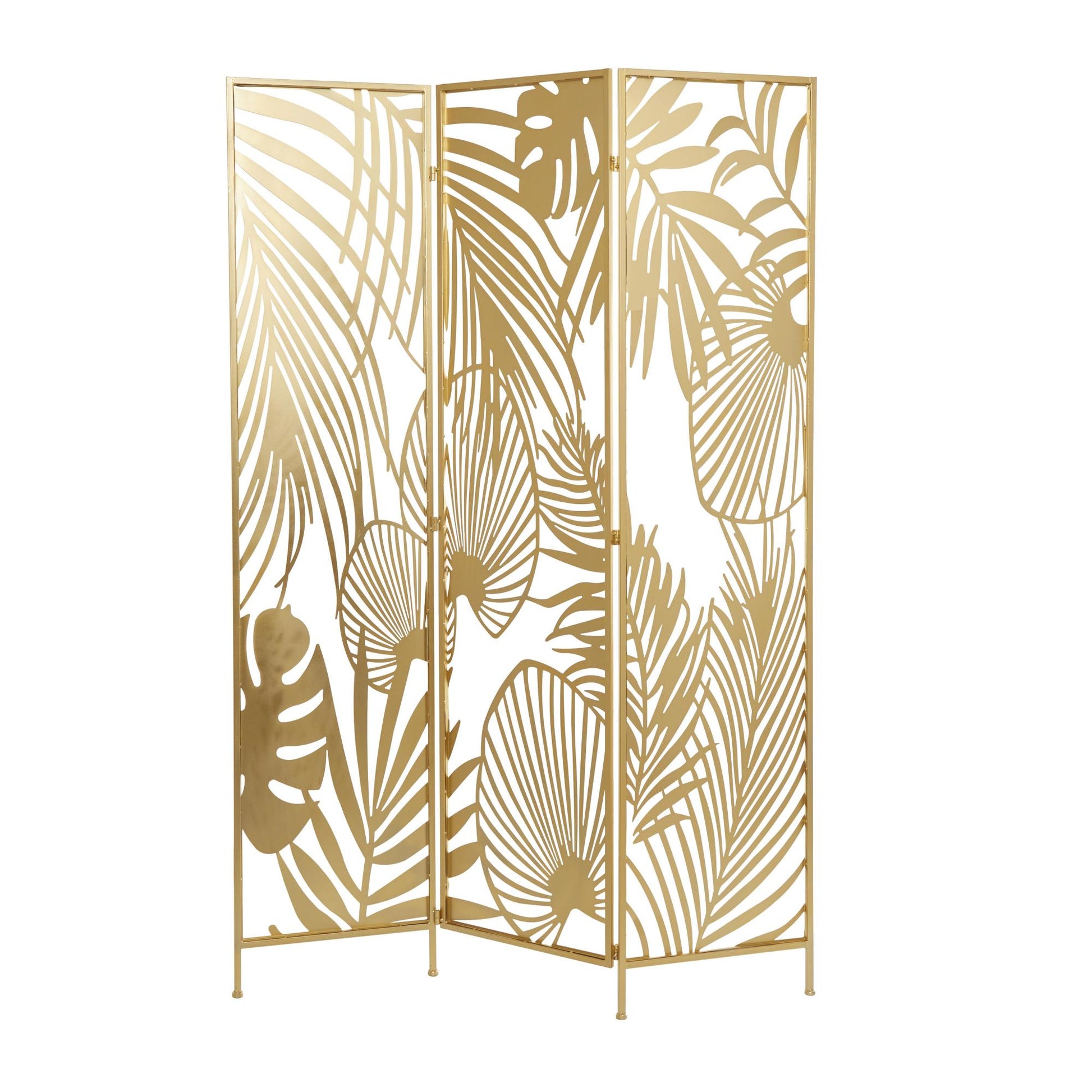 Leaf Gold Metal Foldable Partition Cutout Palm Leaf 3 Panel Partition Room Divider Screen