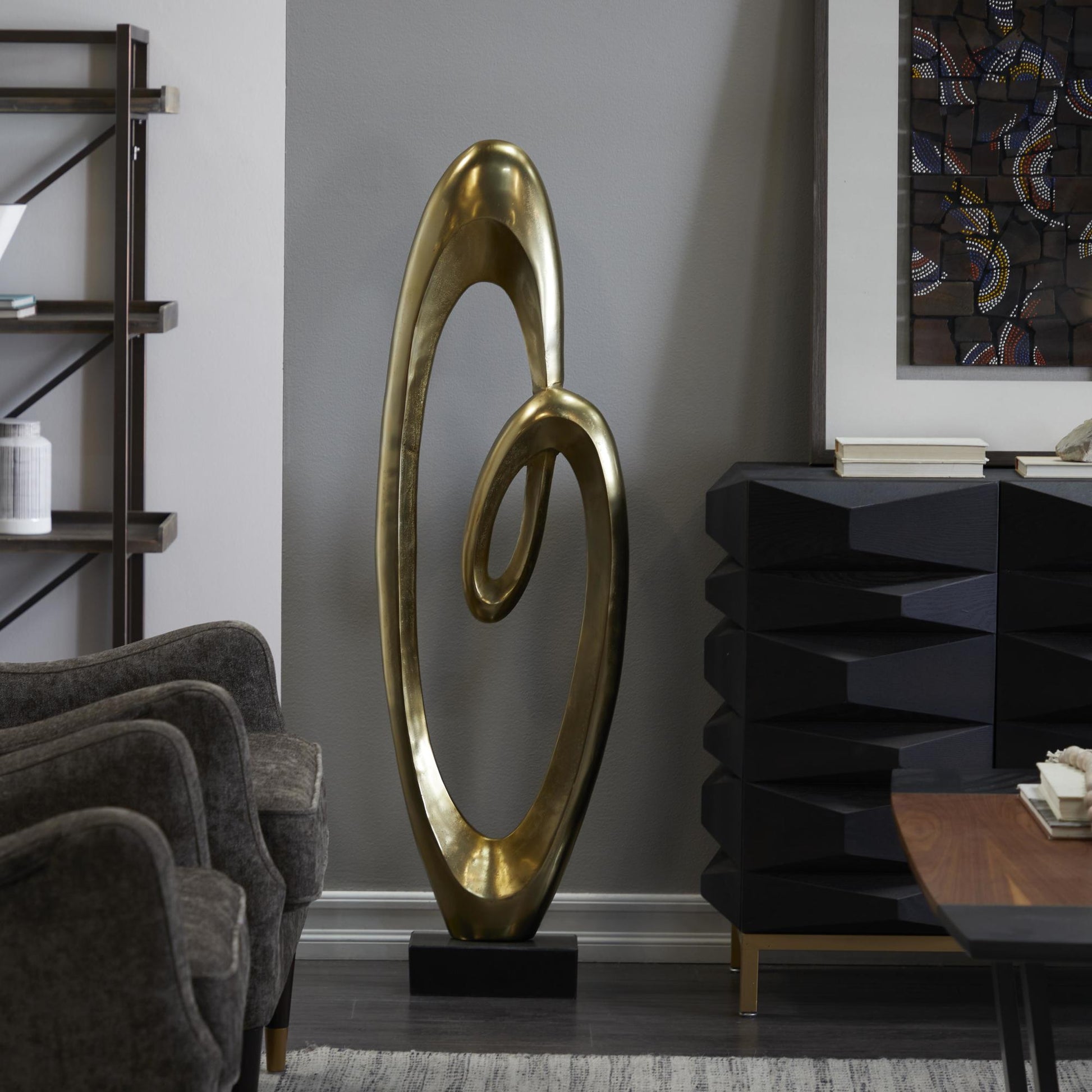 Abstract Aluminum Metal Tall Floor Loop Decorative Sculpture with Black Marble Base 16" x 5" x 52"