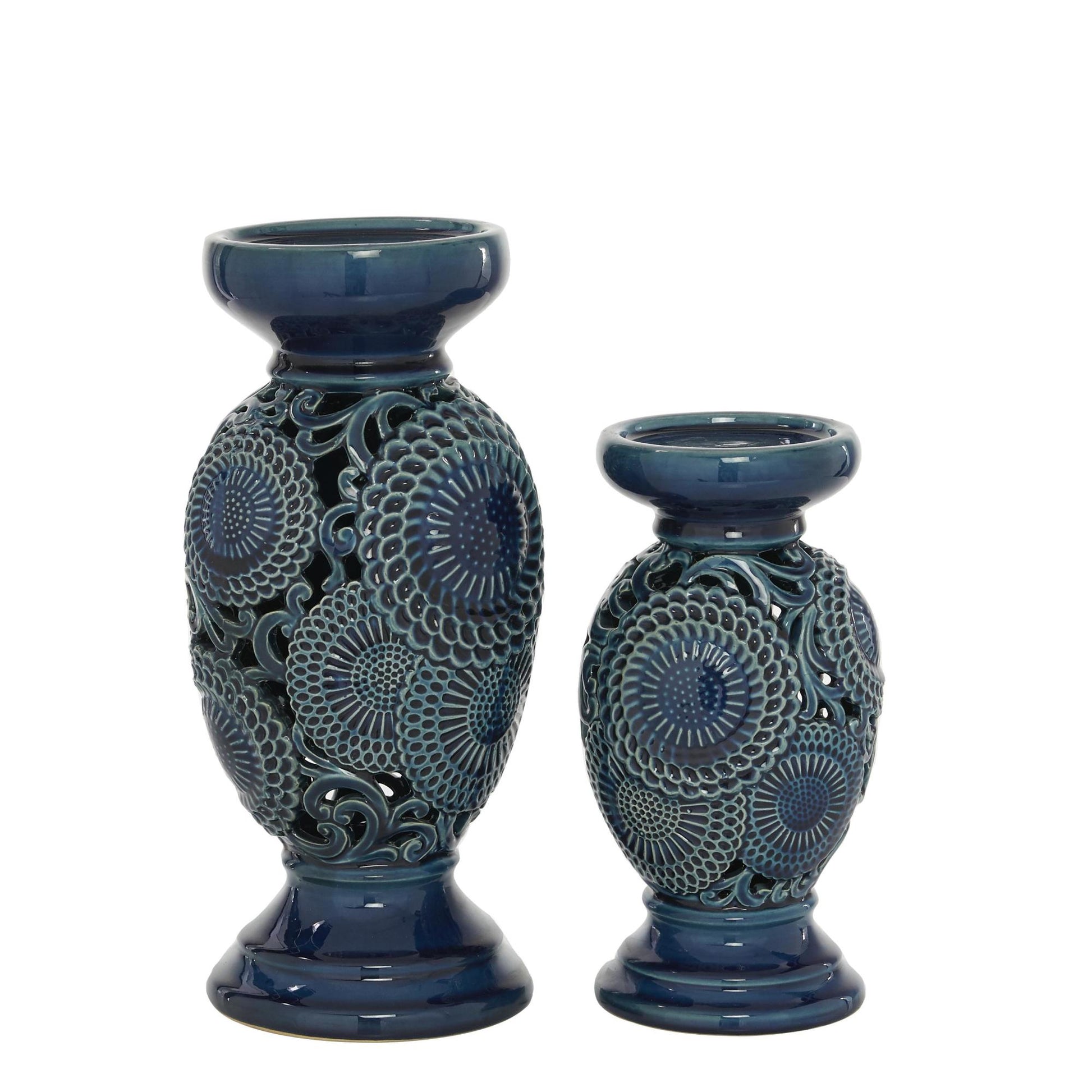 Set of 2 Floral Blue Ceramic Pillar Decorative Candle Holder