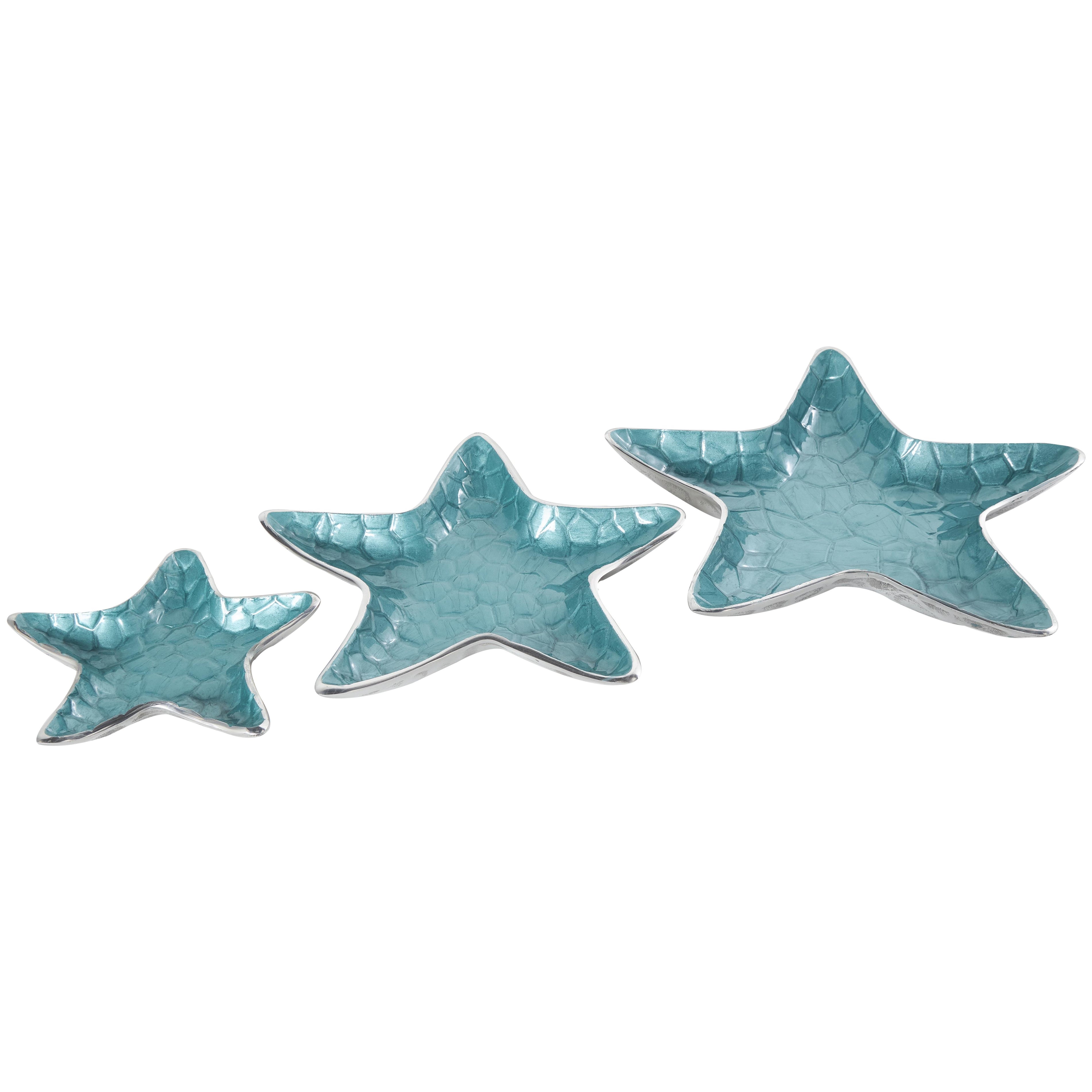 Set of 3 Starfish Aluminum Metal Handmade Textured Enameled Large Decorative Bowl with Silver Base