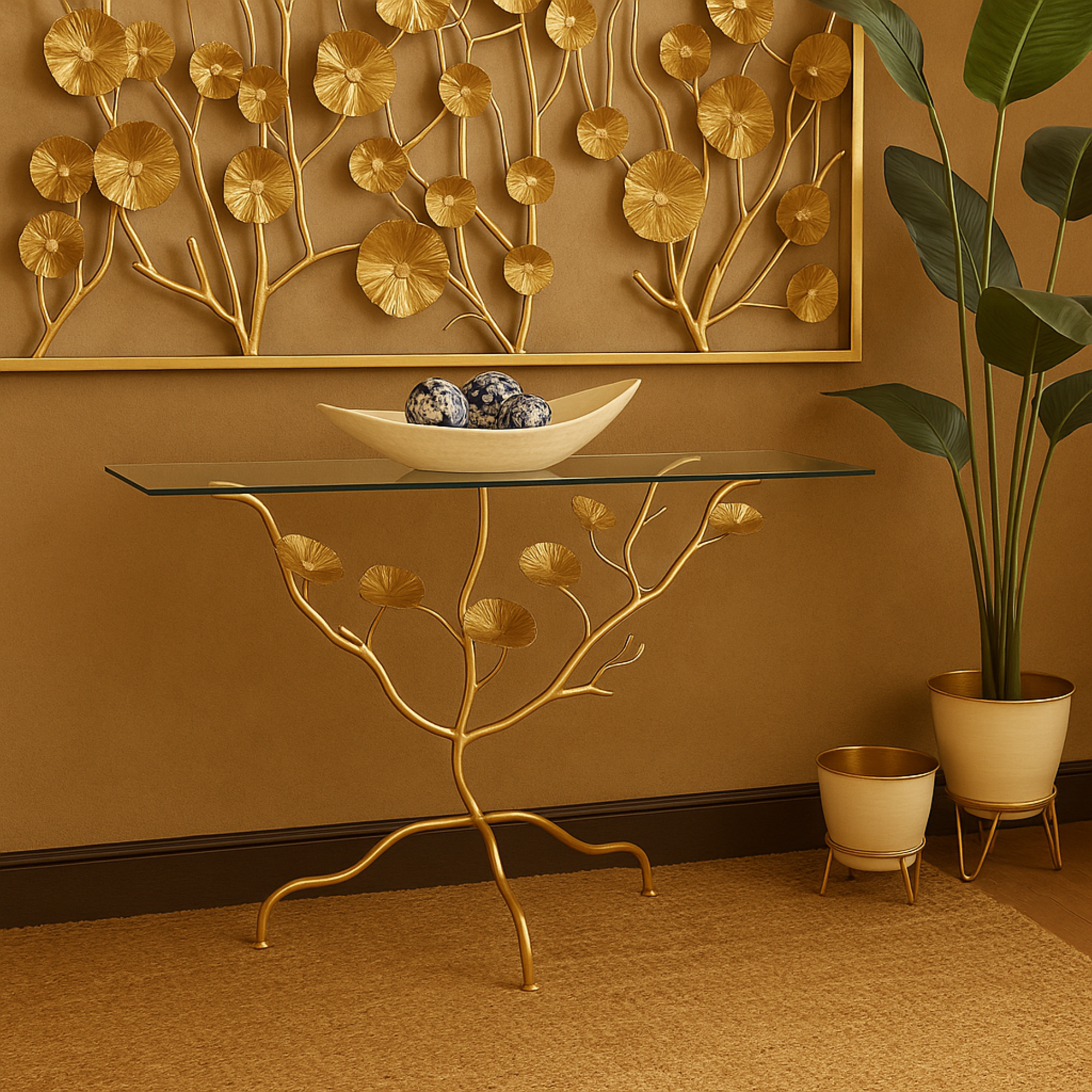 Floral Gold Metal Branch Living Room Console Table with Tempered Glass Top