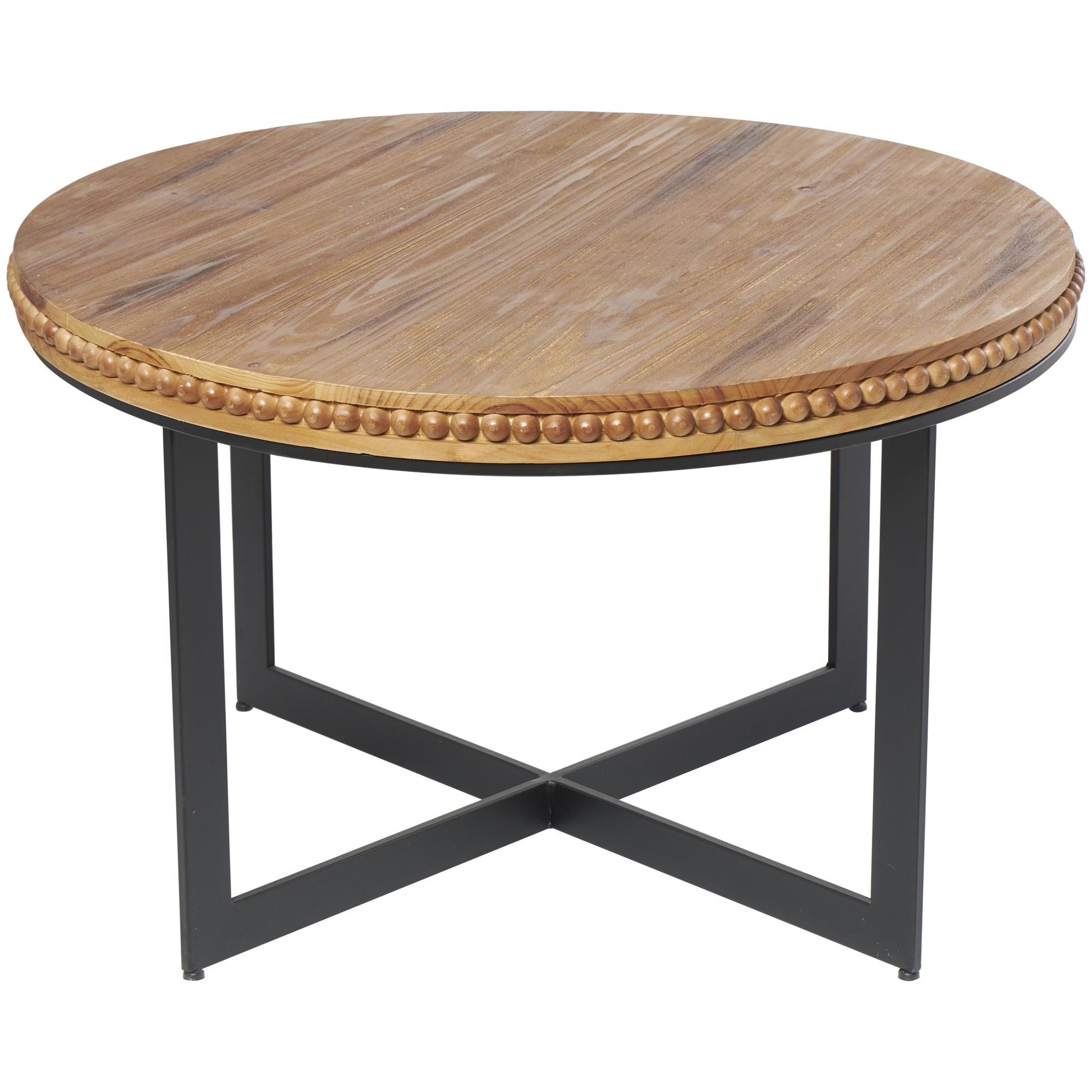 Brown Wood Beaded Living Room Coffee Table with Metal X-Shaped Base