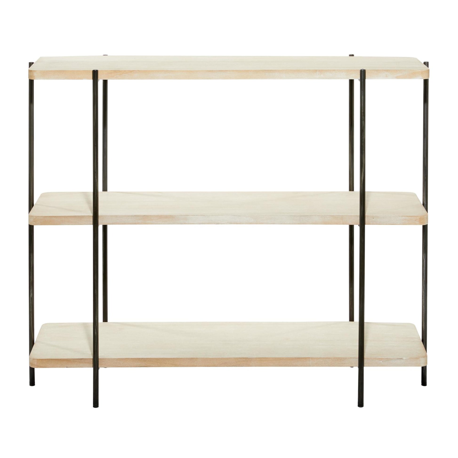 Beige Wood Rounded Rectangular 2 Shelf Living Room Console Table with Slim Black Metal Legs