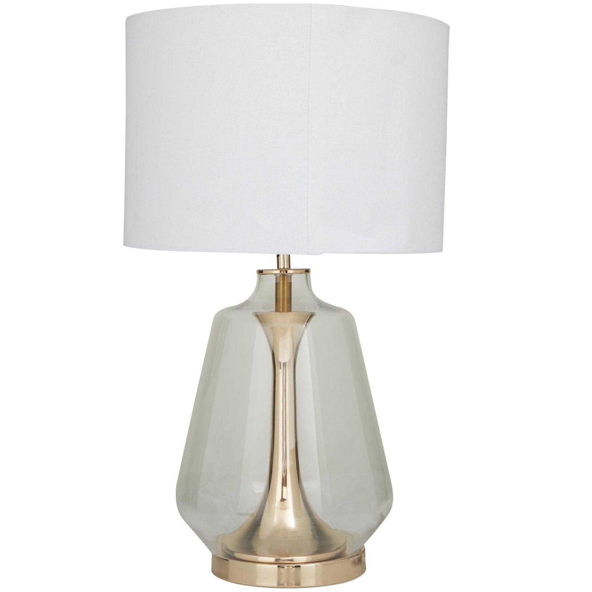 CosmoLiving by Cosmopolitan Gold Tempered Glass Transparent Base Room Table Lamp with Drum Shade