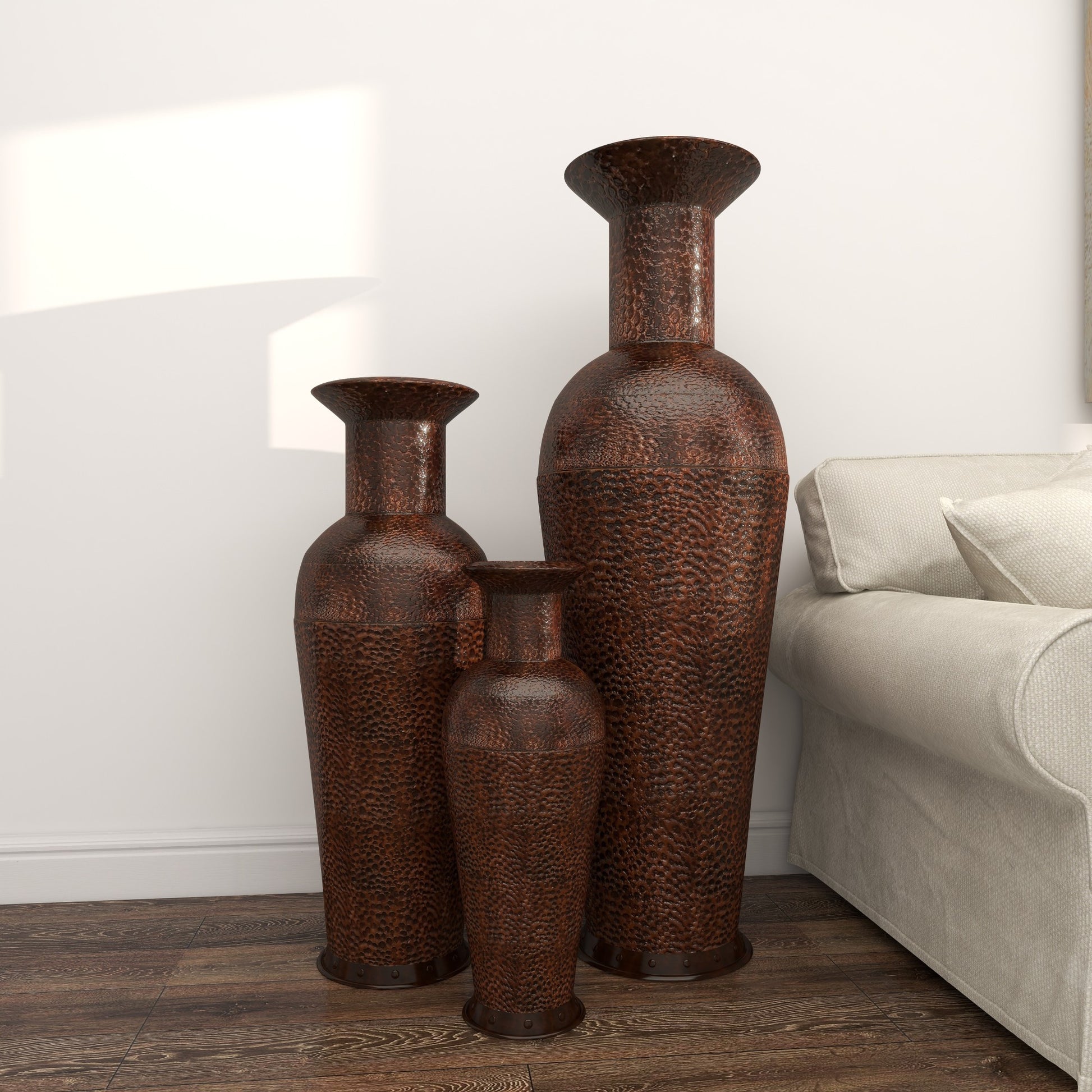 Set of 3 Dark Brown Metal Indoor Outdoor Tall Floor Bottleneck Decorative Vase with Bubble Texture and Studs