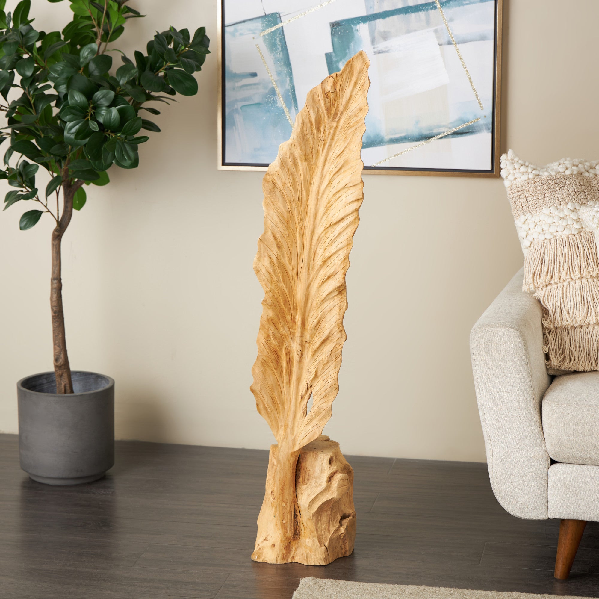 Leaf Brown Teak Wood Live Edge Floor Decorative Sculpture with Tree Stump Base