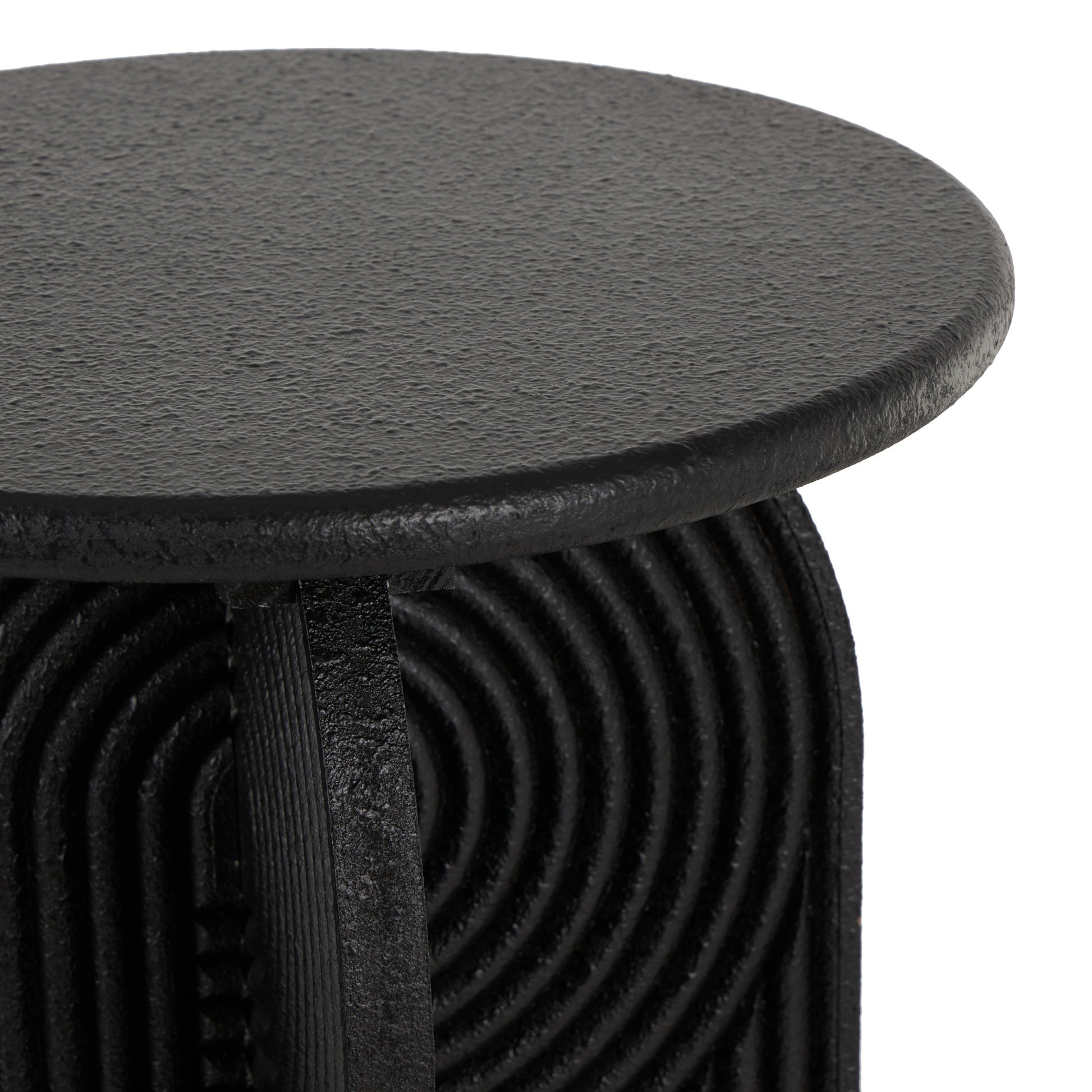 Set of 2 Geometric Black Wood Sandstone Carved Art Deco Arched Pedestal Side End Accent Table