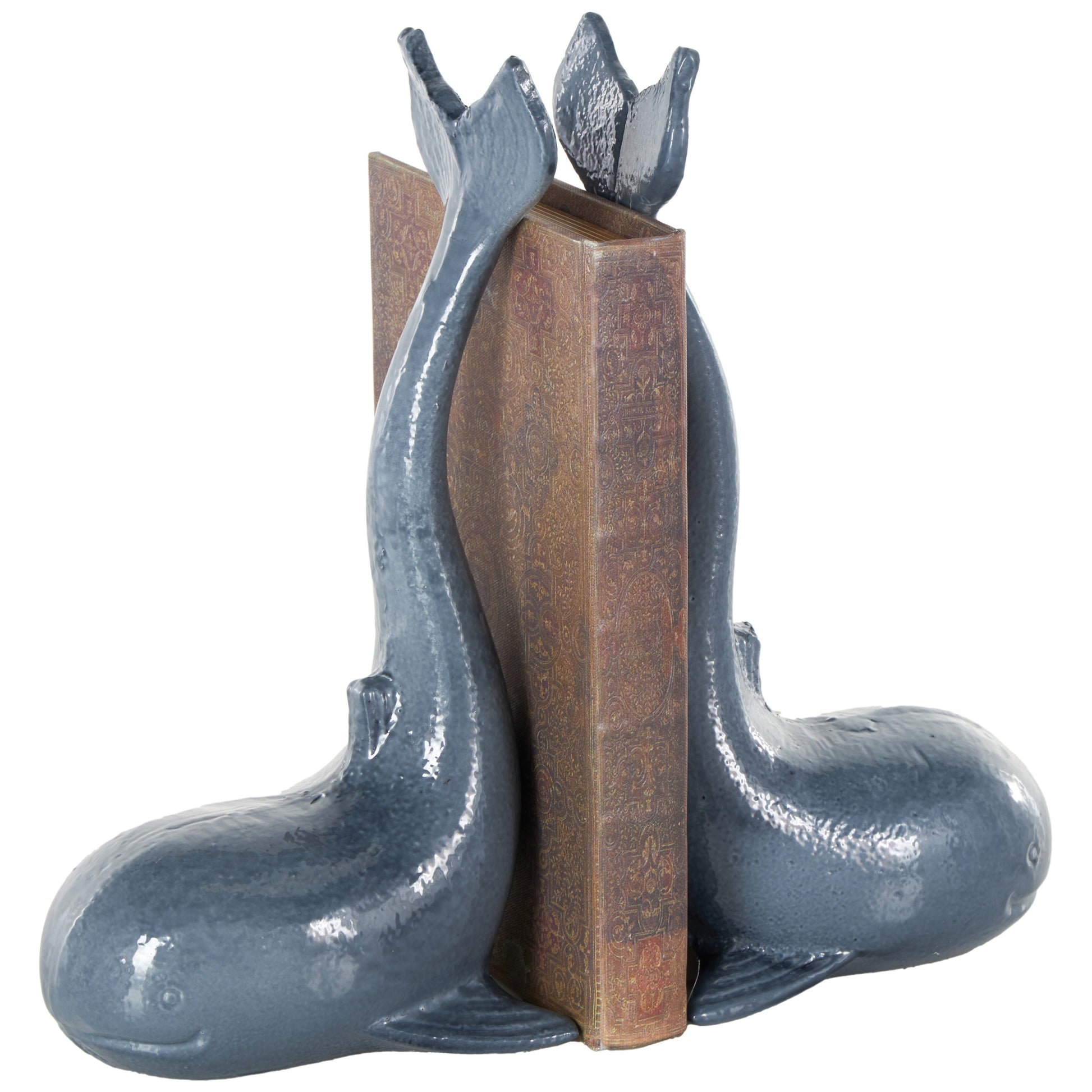 Set of 2 Dolphin Blue Metal Decorative Bookends with Raised Tails