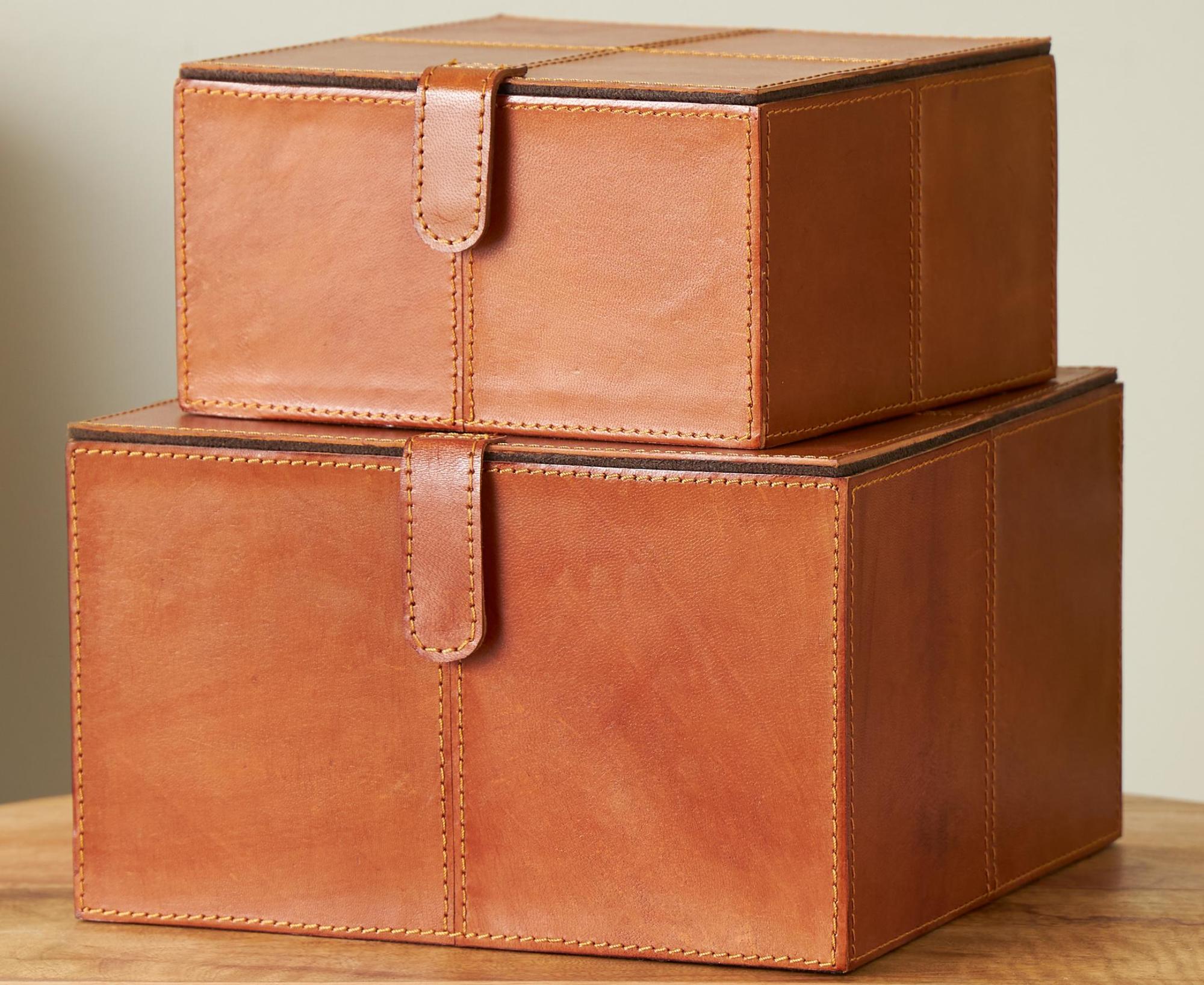 Set of 2 Leather Handmade Storage Decorative Box with Snap Front Closure and Detailed Stitching